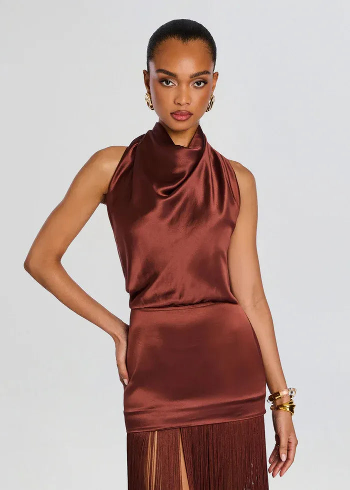 Cyrelle Sleeveless Fringes Mini Dress in Brown