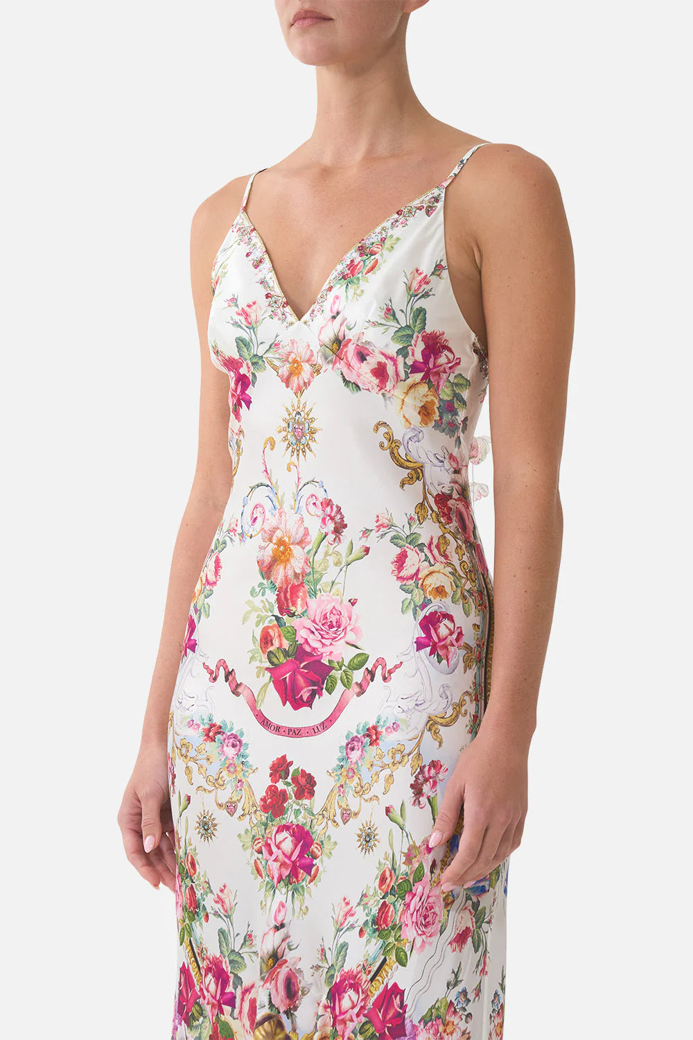 Torero Libertine Floral Flounce Hem Sleeveless Slip Silk Maxi Dress in White