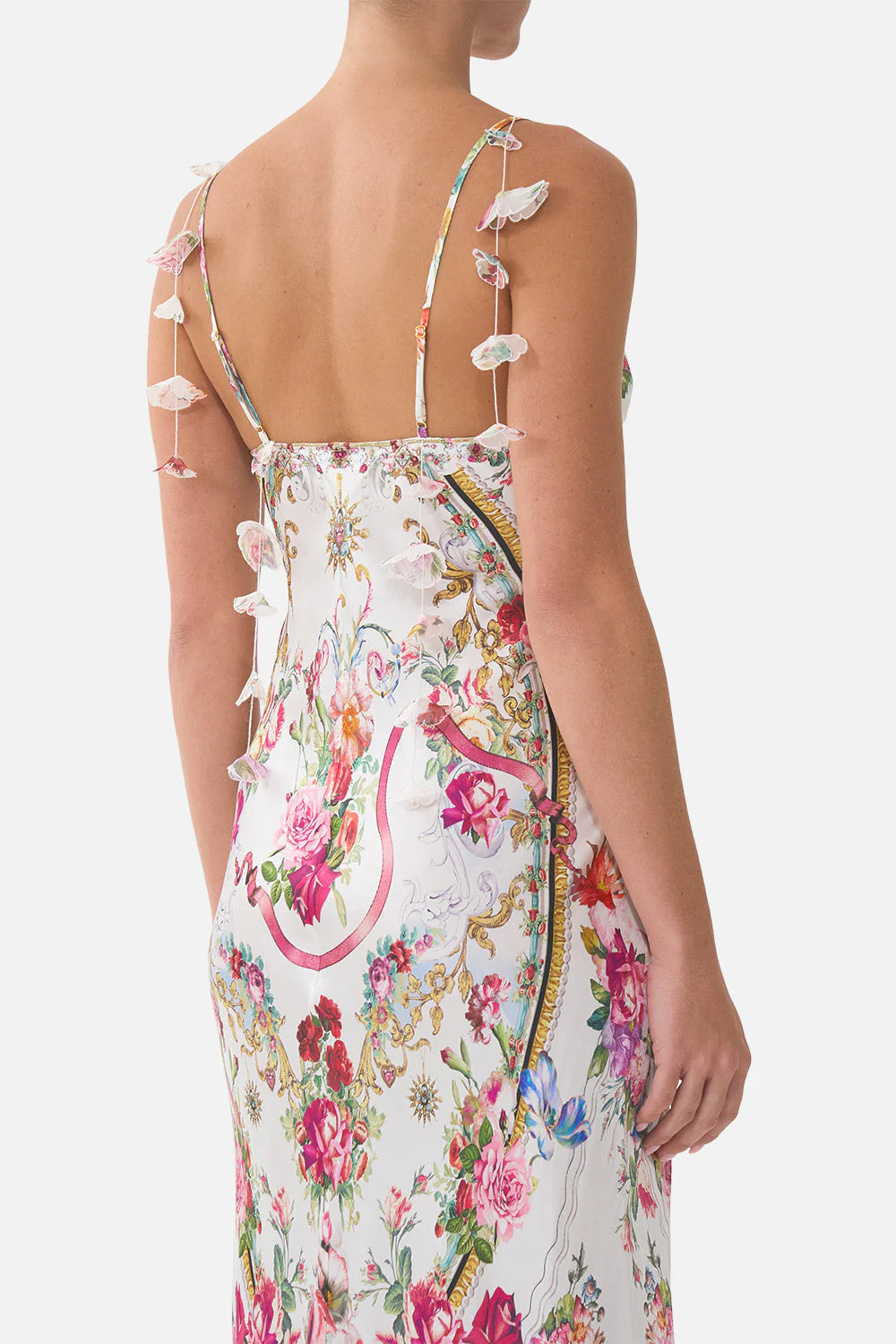Torero Libertine Floral Flounce Hem Sleeveless Slip Silk Maxi Dress in White