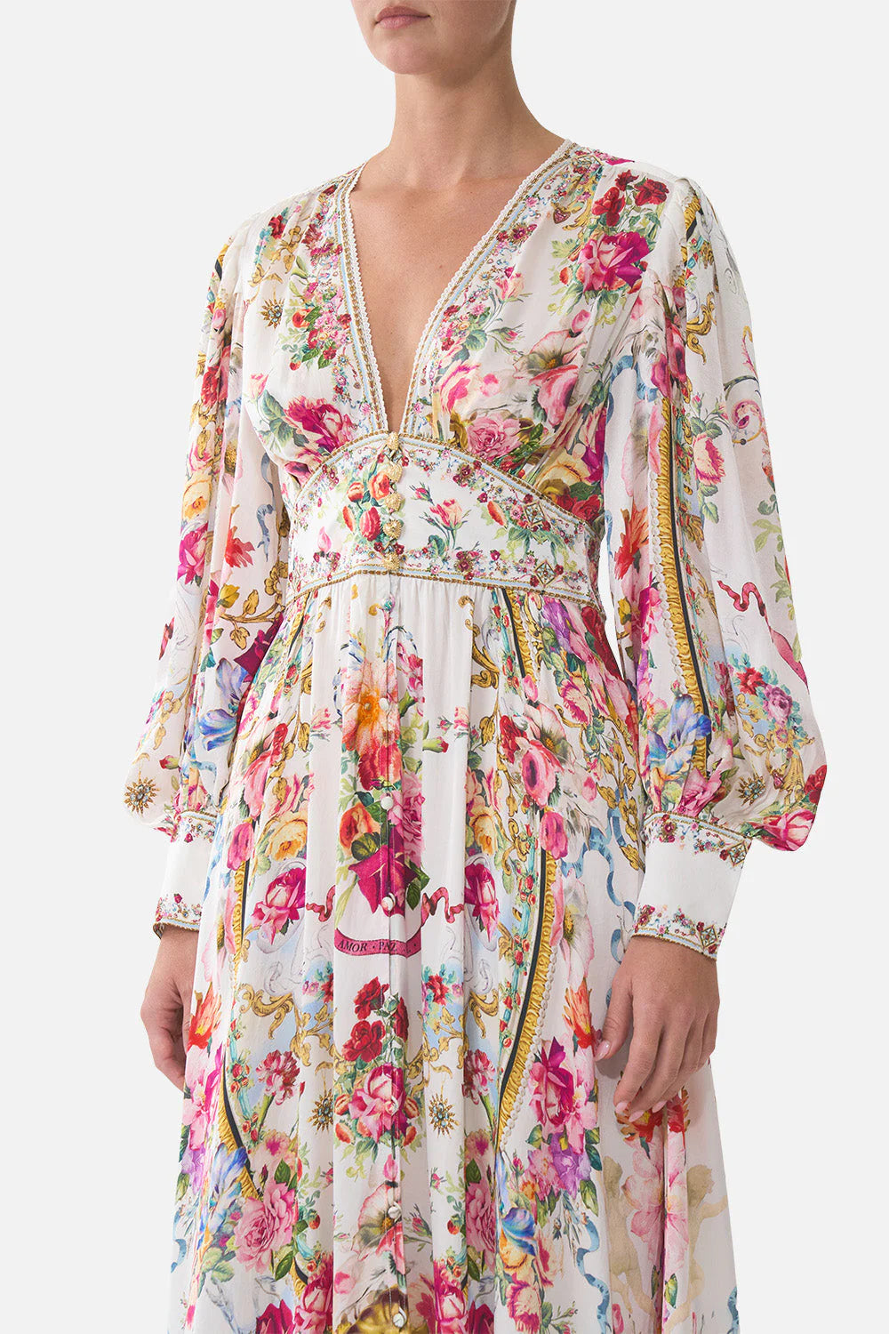 Torero Libertine Floral Shaped Waistband Silk Maxi Dress in White