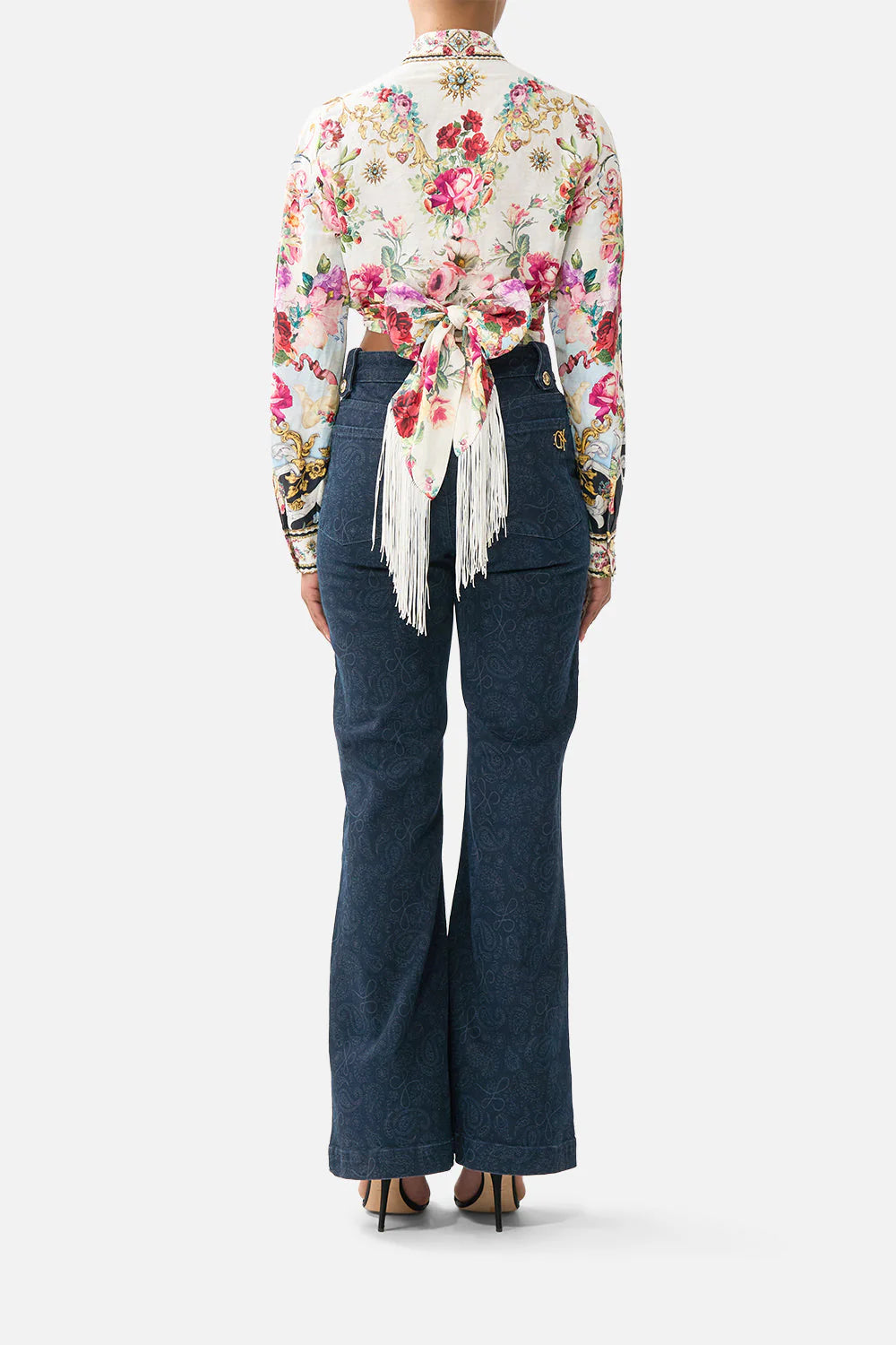 Torero Libertine Floral Cropped Wrap Tie Collared Linen Top in White
