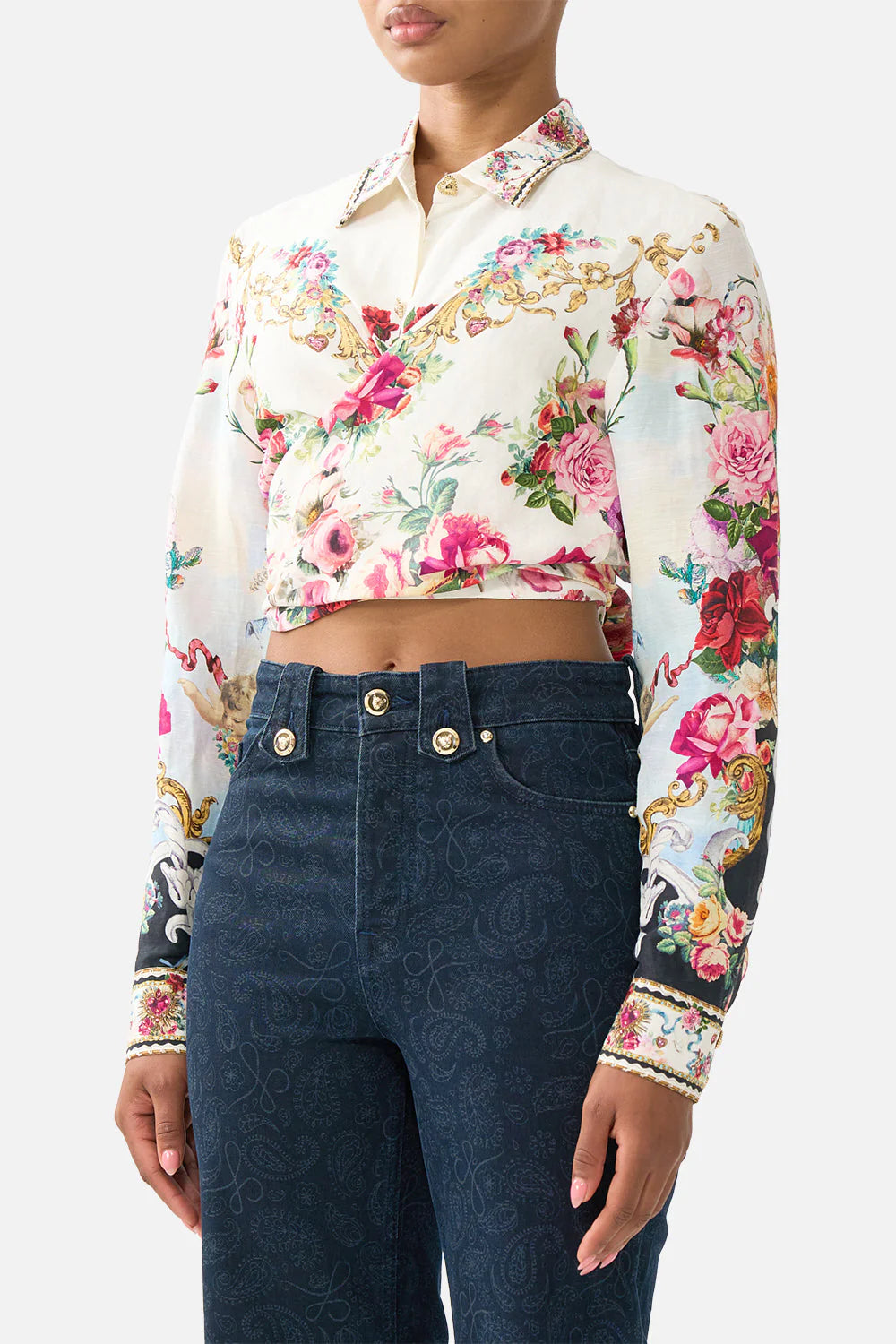 Torero Libertine Floral Cropped Wrap Tie Collared Linen Top in White