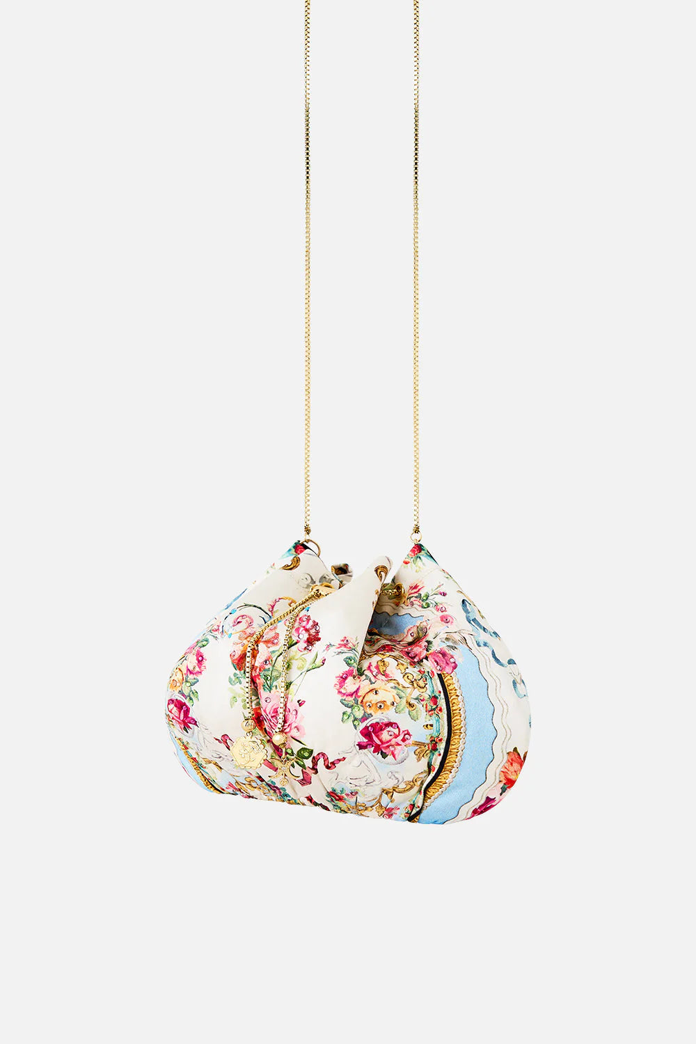 Torero Libertine Floral Drawstring Pouch Chain Strap Shoulder Bag in White