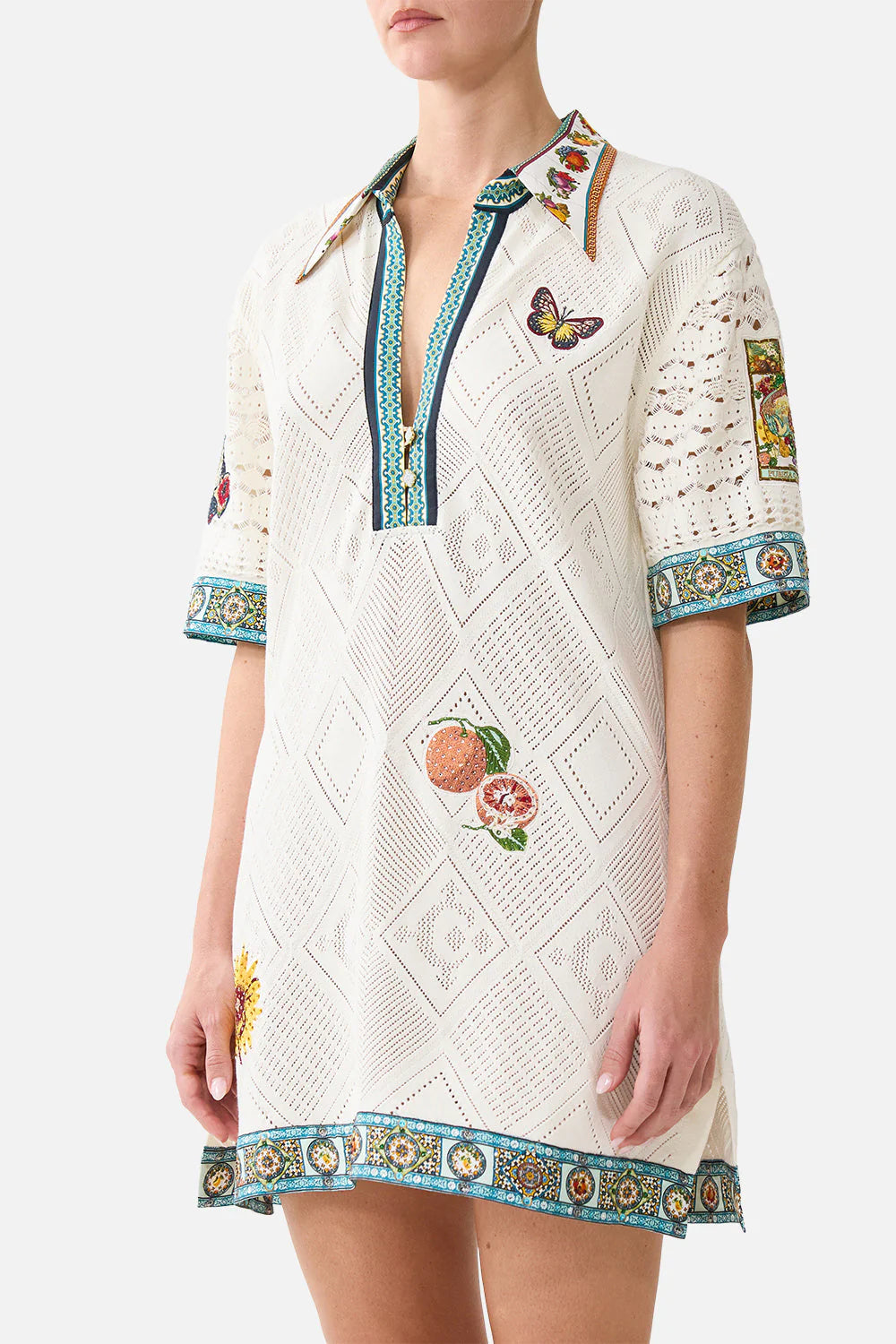 Magic of the Mercado Collared Silk Knit Mini Dress in White