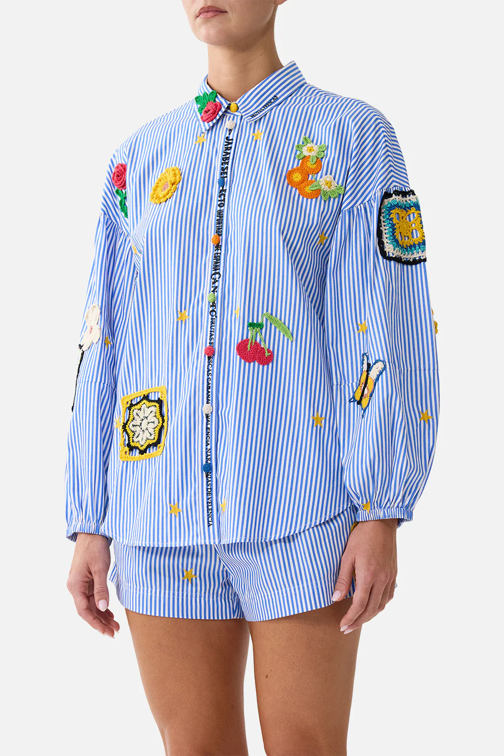 Magic of the Mercado Balloon Sleeves Cotton Shirt Blouse in Blue