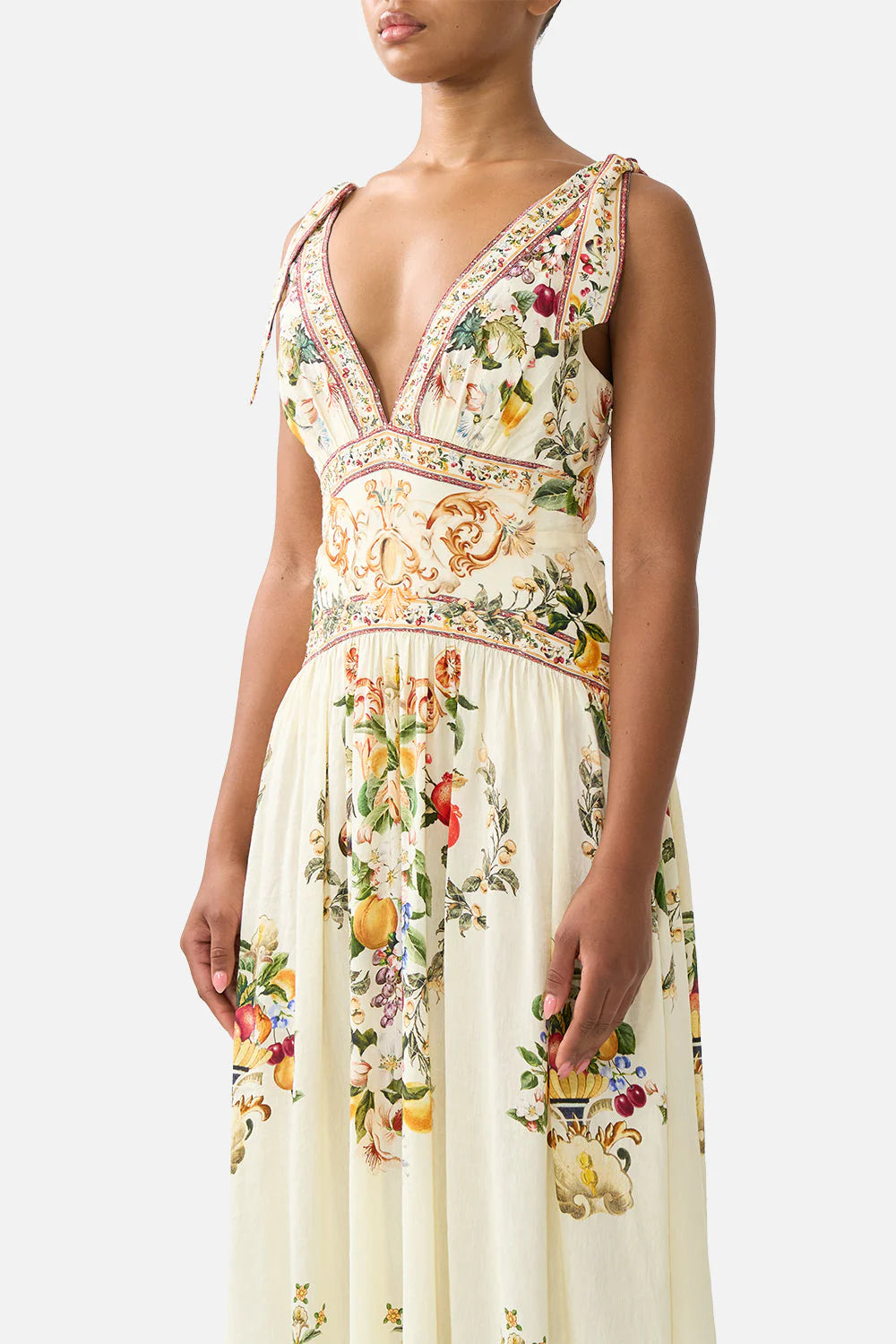 Va Va Vintage Floral Sleeveless Tie Shoulder Linen Maxi Dress in Yellow