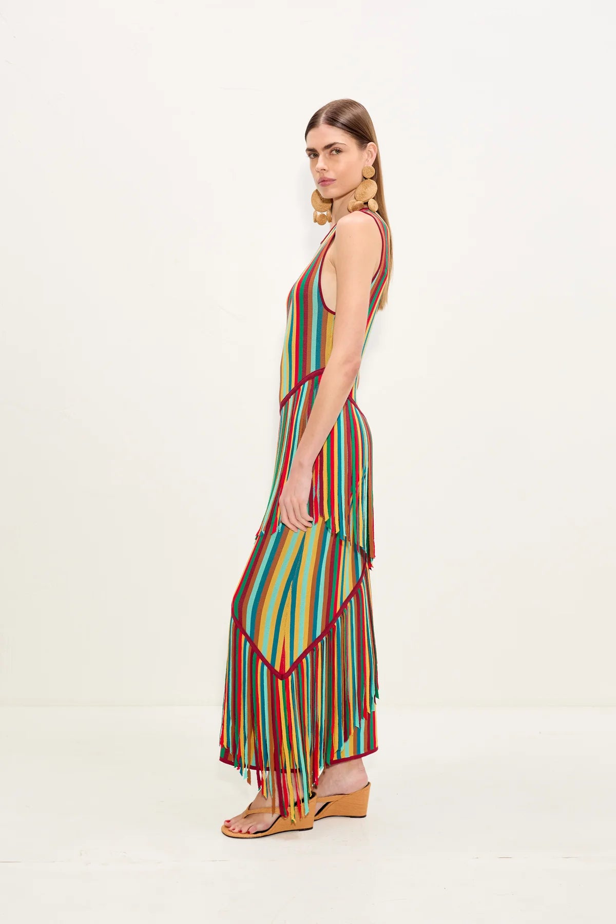 Spiral Knit Sleeveless Fringes Maxi Dress in Green