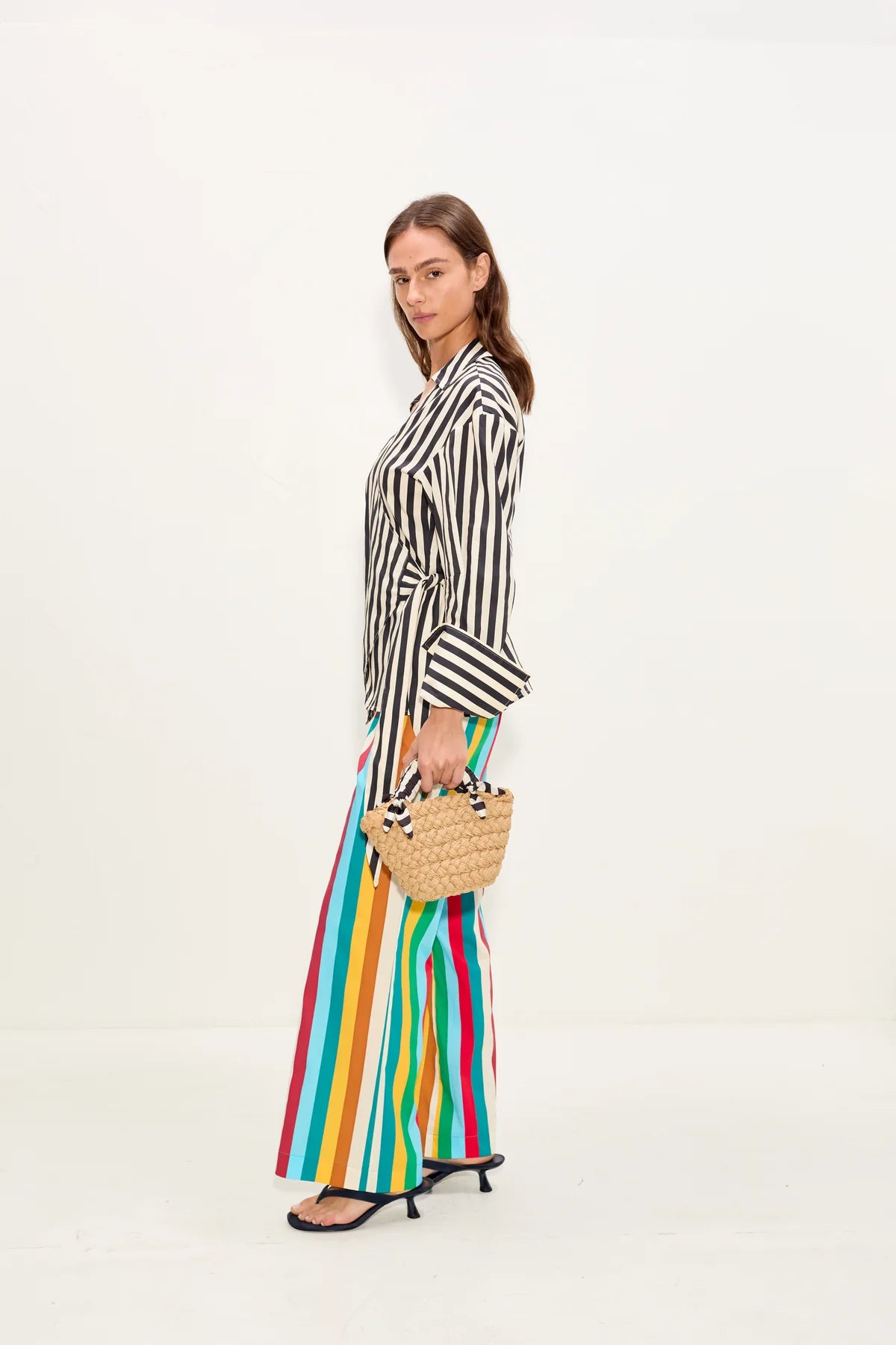 Anya Poplin Striped Wrap Button Up Cotton Top in Black