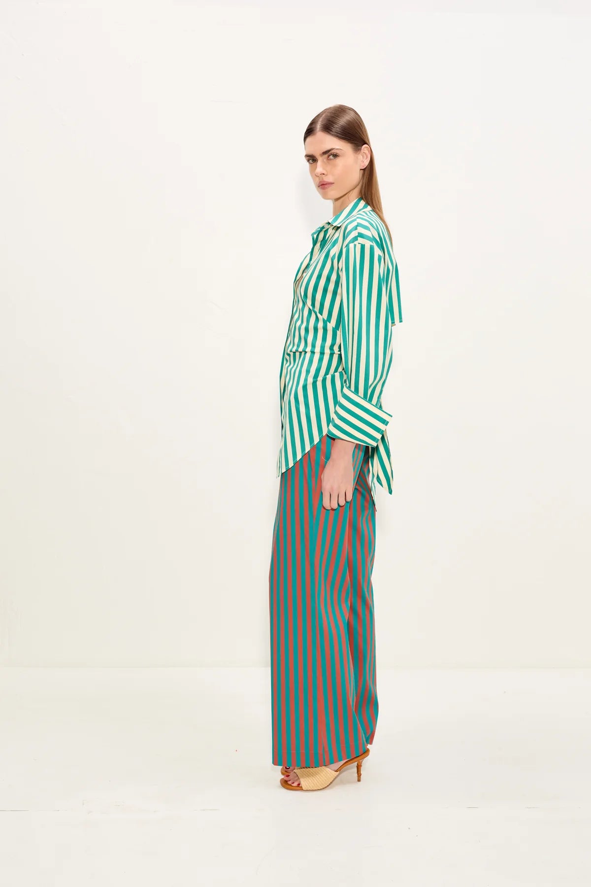 Loch Poplin Open Back Striped Button Up Cotton Top in Green