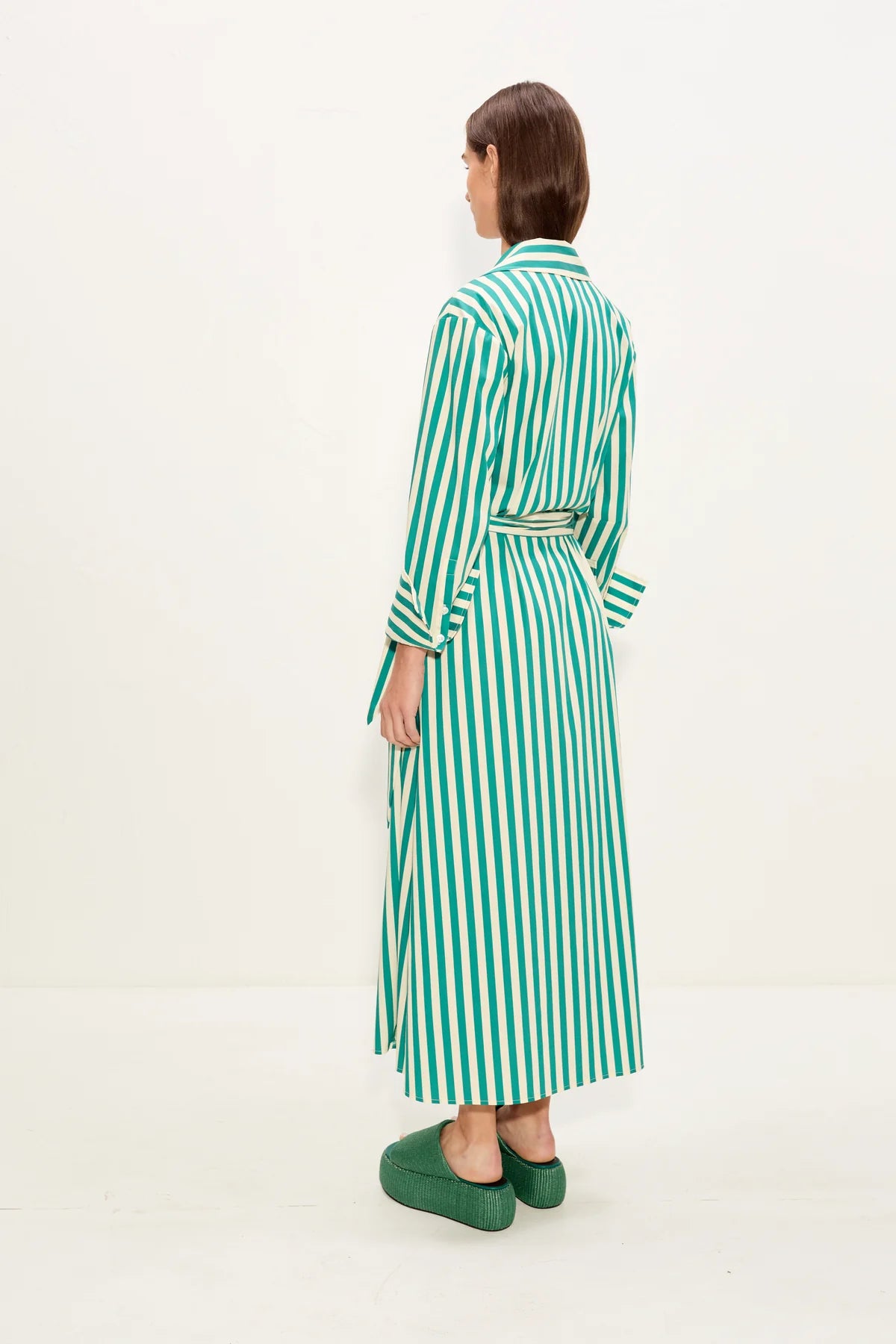 Anya Poplin Striped Wrap Cotton Maxi Dress in Green