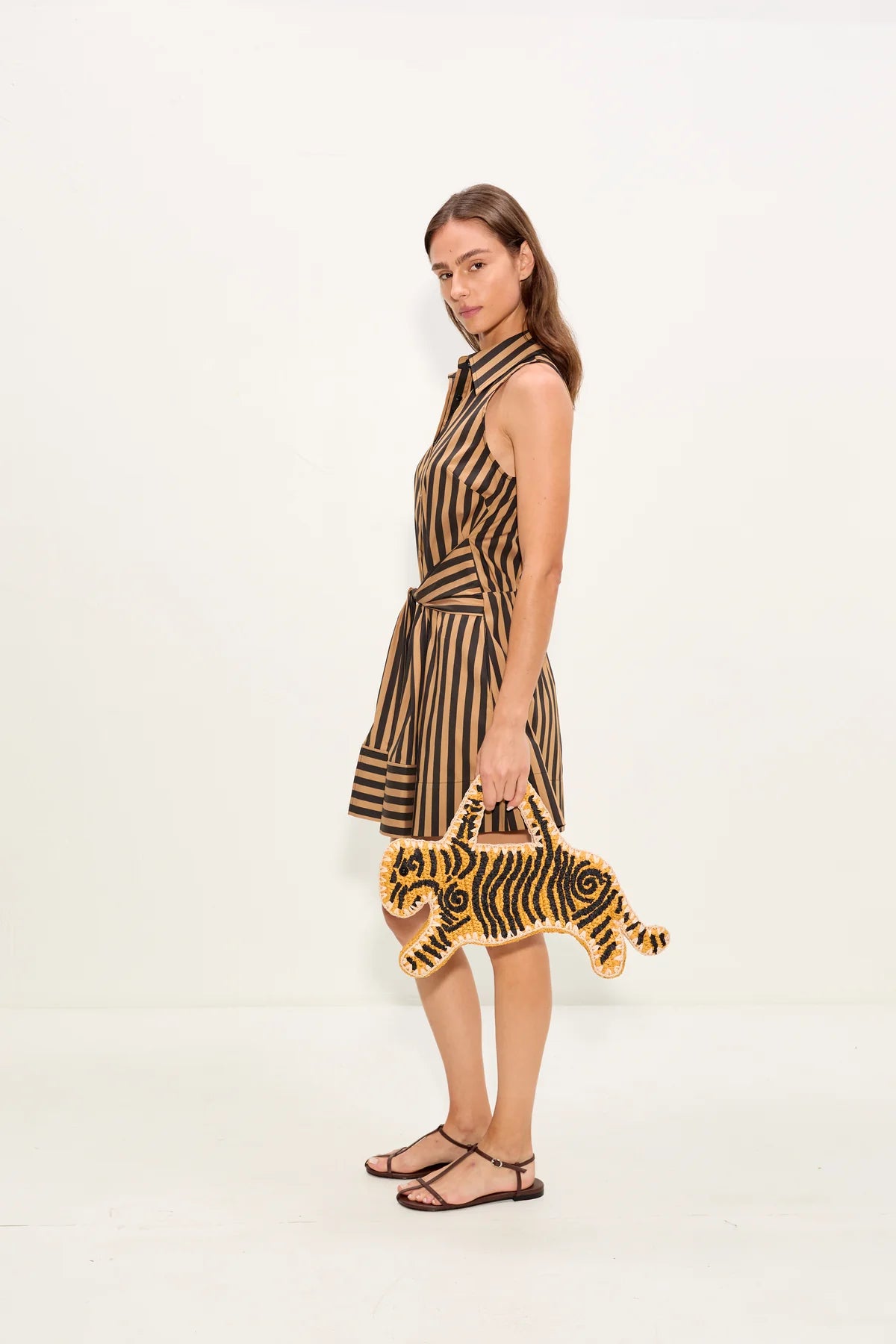 Inna Sleeveless Striped Poplin Cotton Mini Dress in Brown