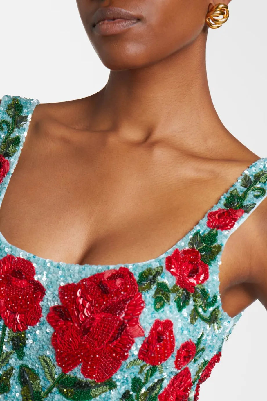 Crimson Rose Sequins Beaded Crystals Sleeveless Mini Dress in Blue