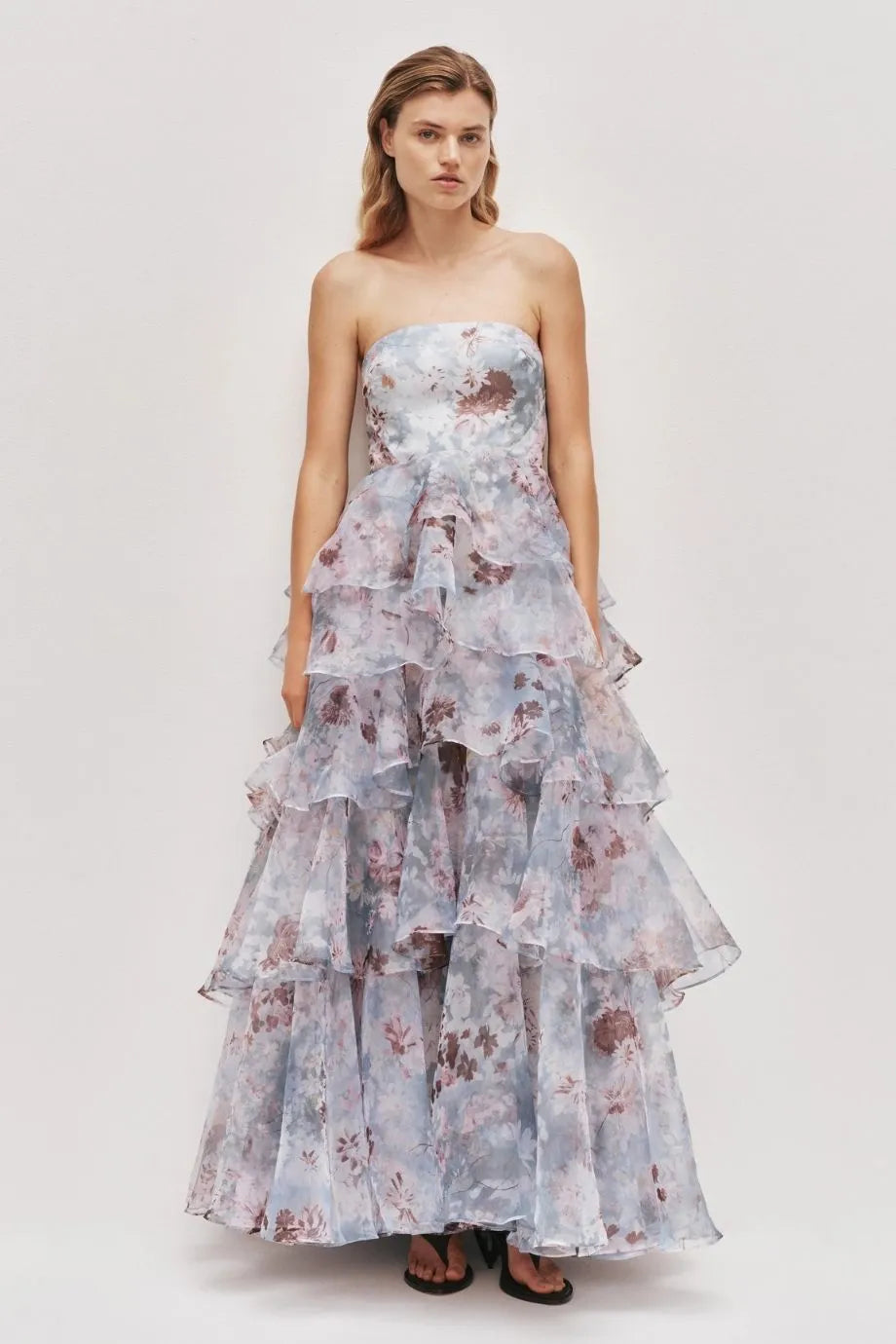 Gabriella Linen Blend Strapless Floral Maxi Dress in Blue
