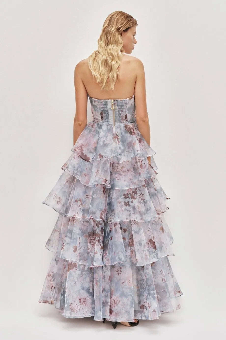 Gabriella Linen Blend Strapless Floral Maxi Dress in Blue