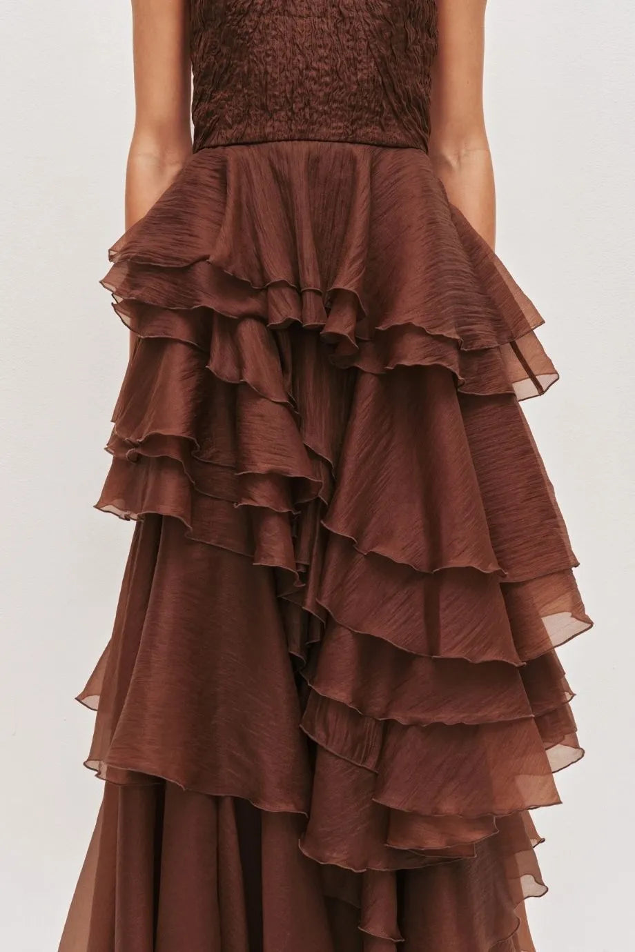 Fayette Ruffles Halter Neck Sleeveless Maxi Dress in Brown