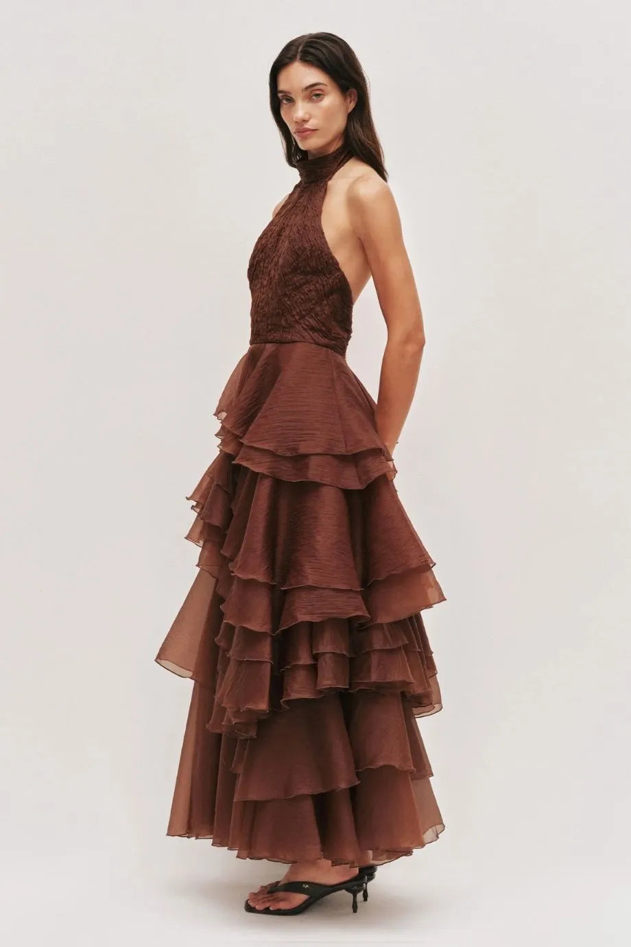 Fayette Ruffles Halter Neck Sleeveless Maxi Dress in Brown