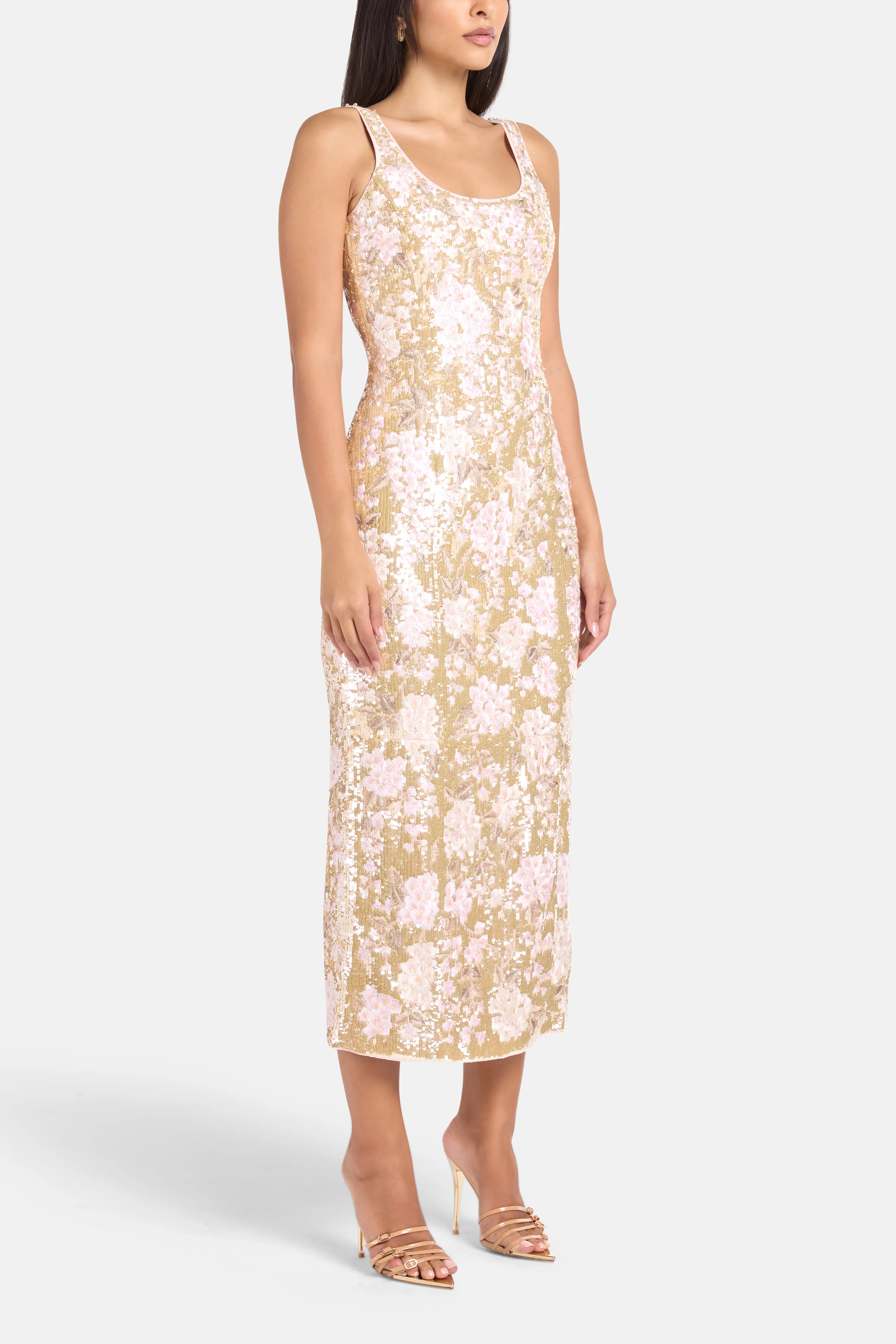 Wisteria Shimmer Georgette Sleeveless Floral Sequins Evening Dress in Gold