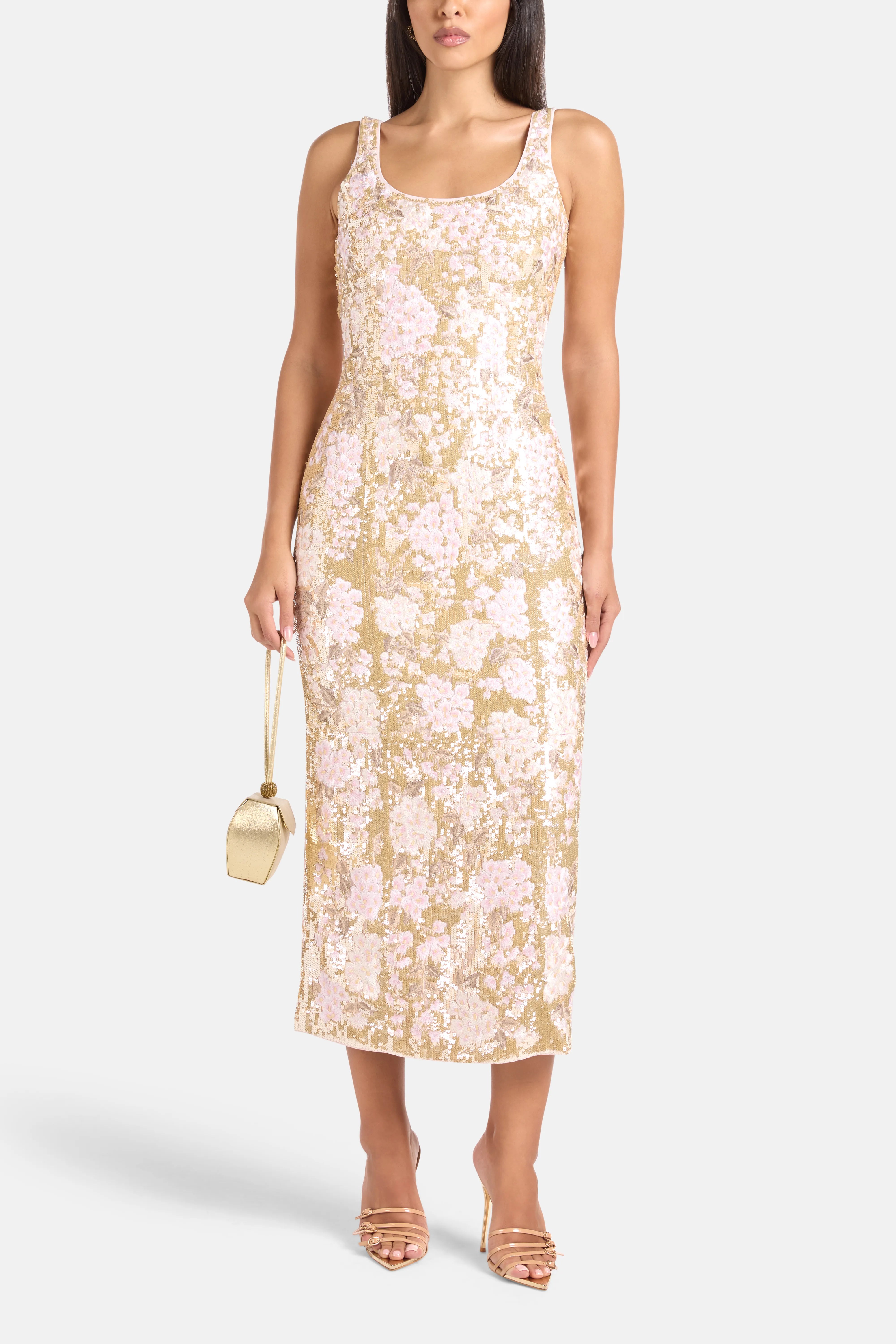 Wisteria Shimmer Georgette Sleeveless Floral Sequins Evening Dress in Gold