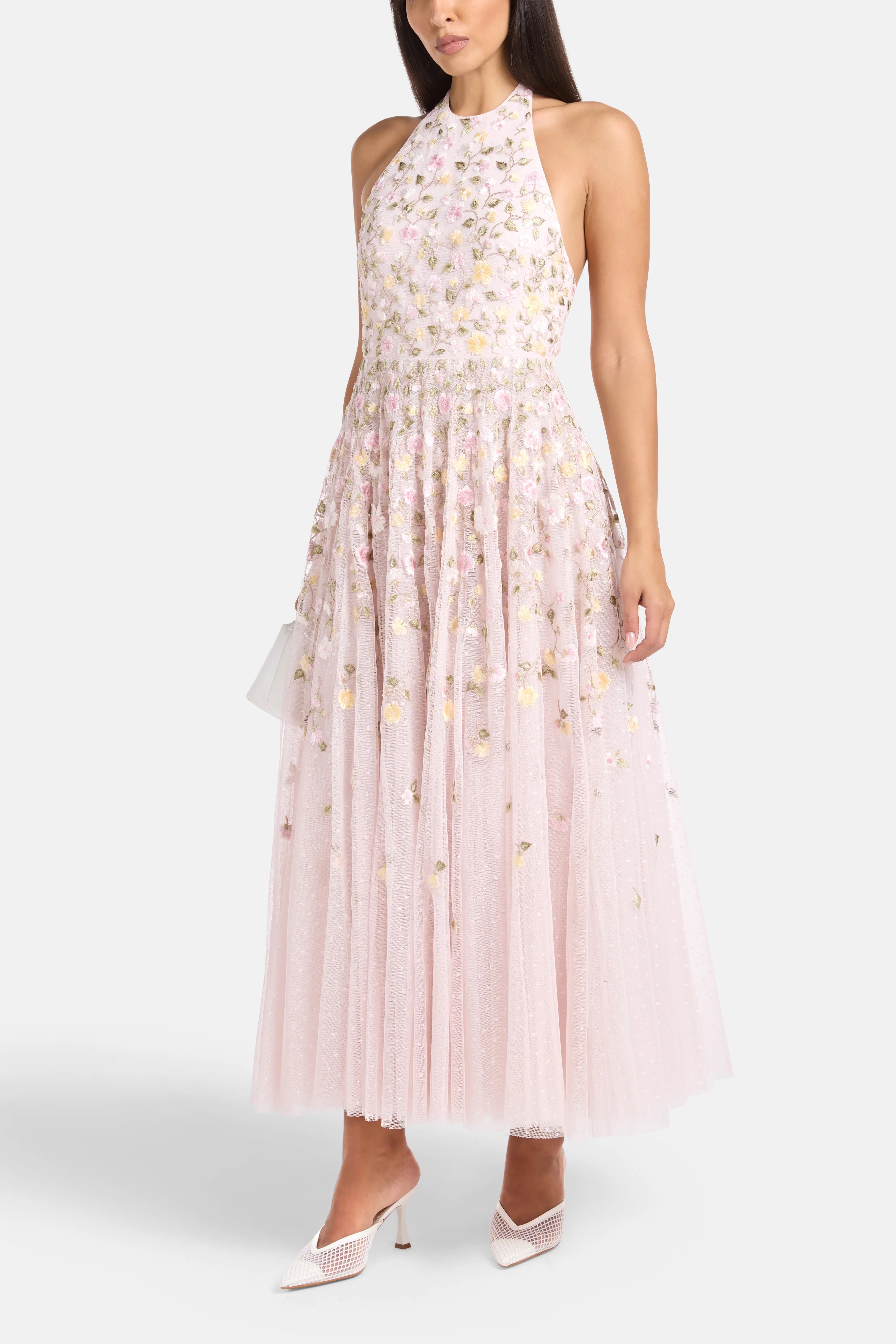 Trailing Roses Halter Neck Sleeveless Floral Evening Dress in Pink