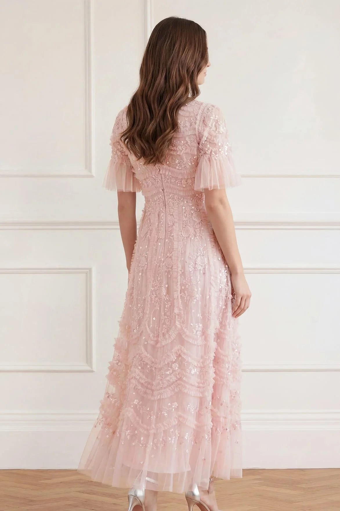 Gianna Ruffles Floral Sequins Evening Dress in Pink