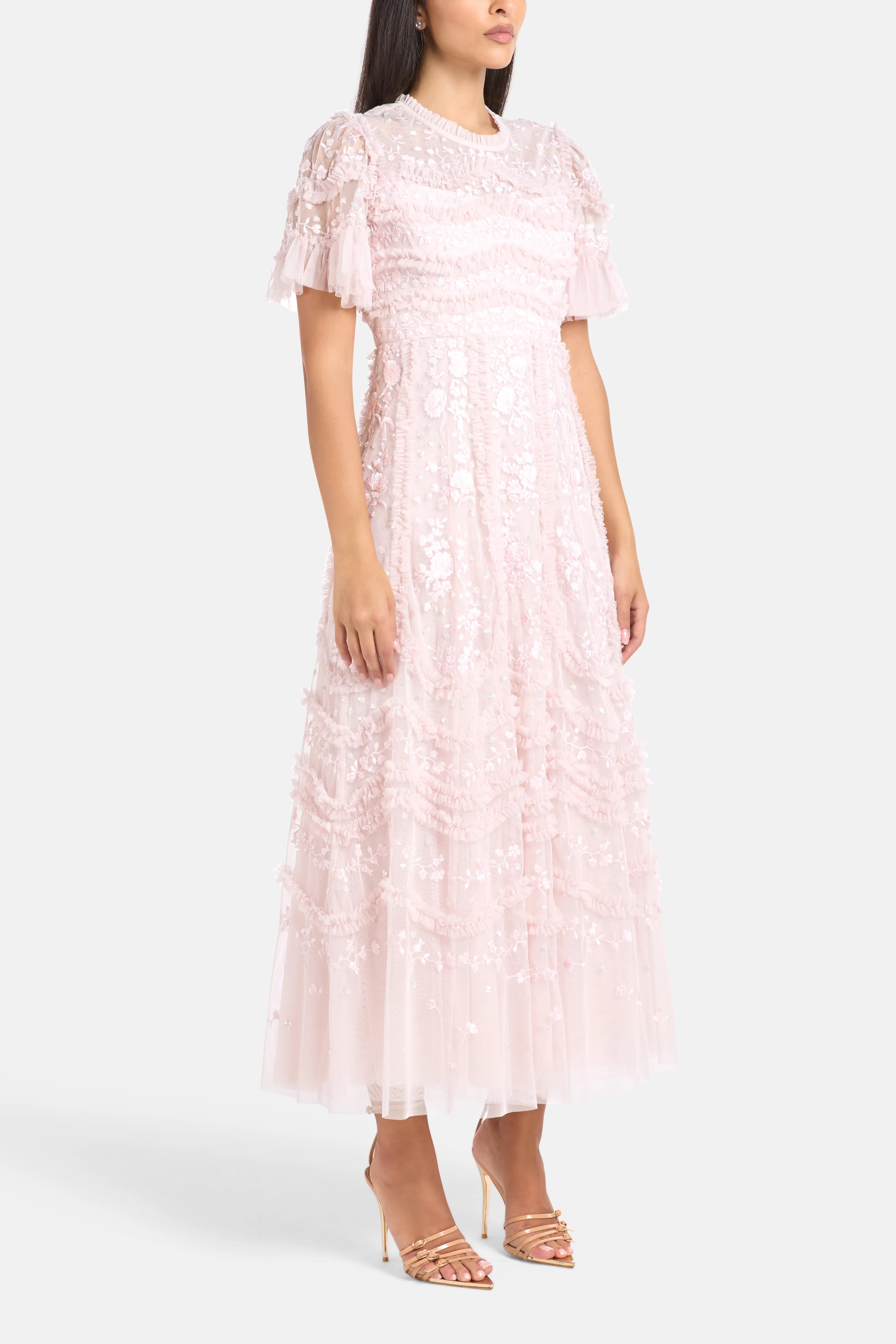 Gianna Ruffles Floral Sequins Evening Dress in Pink