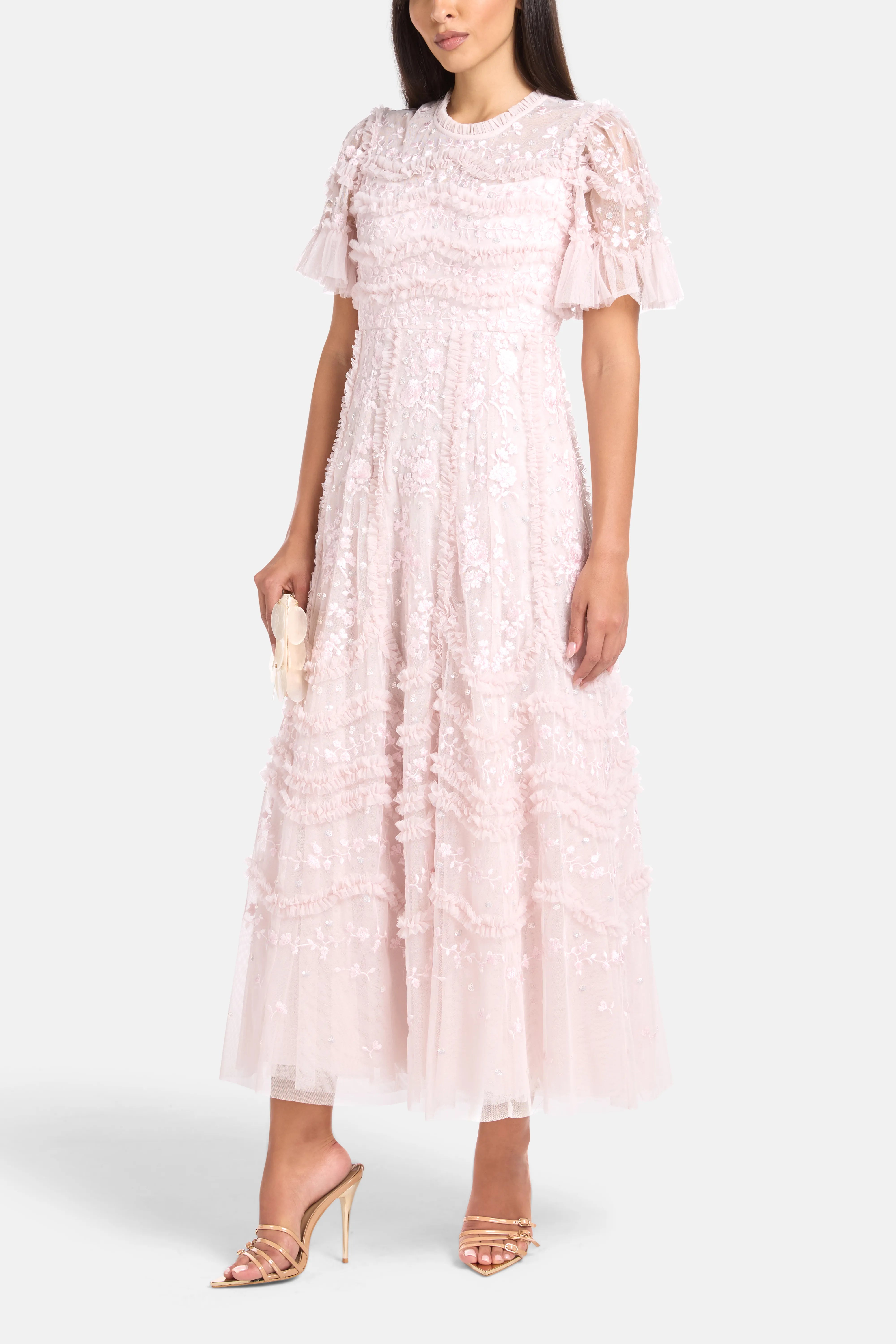 Gianna Ruffles Floral Sequins Evening Dress in Pink