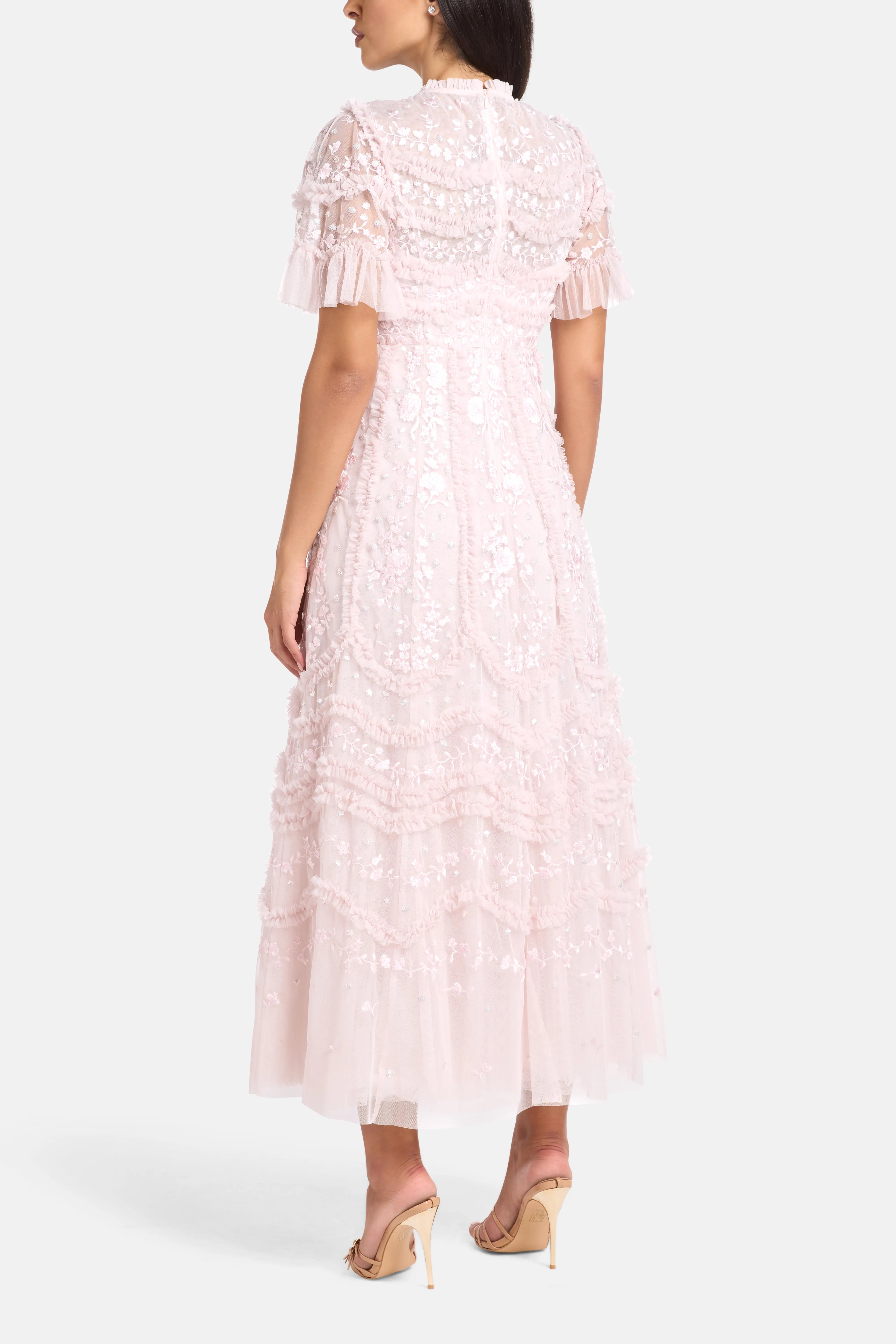 Gianna Ruffles Floral Sequins Evening Dress in Pink
