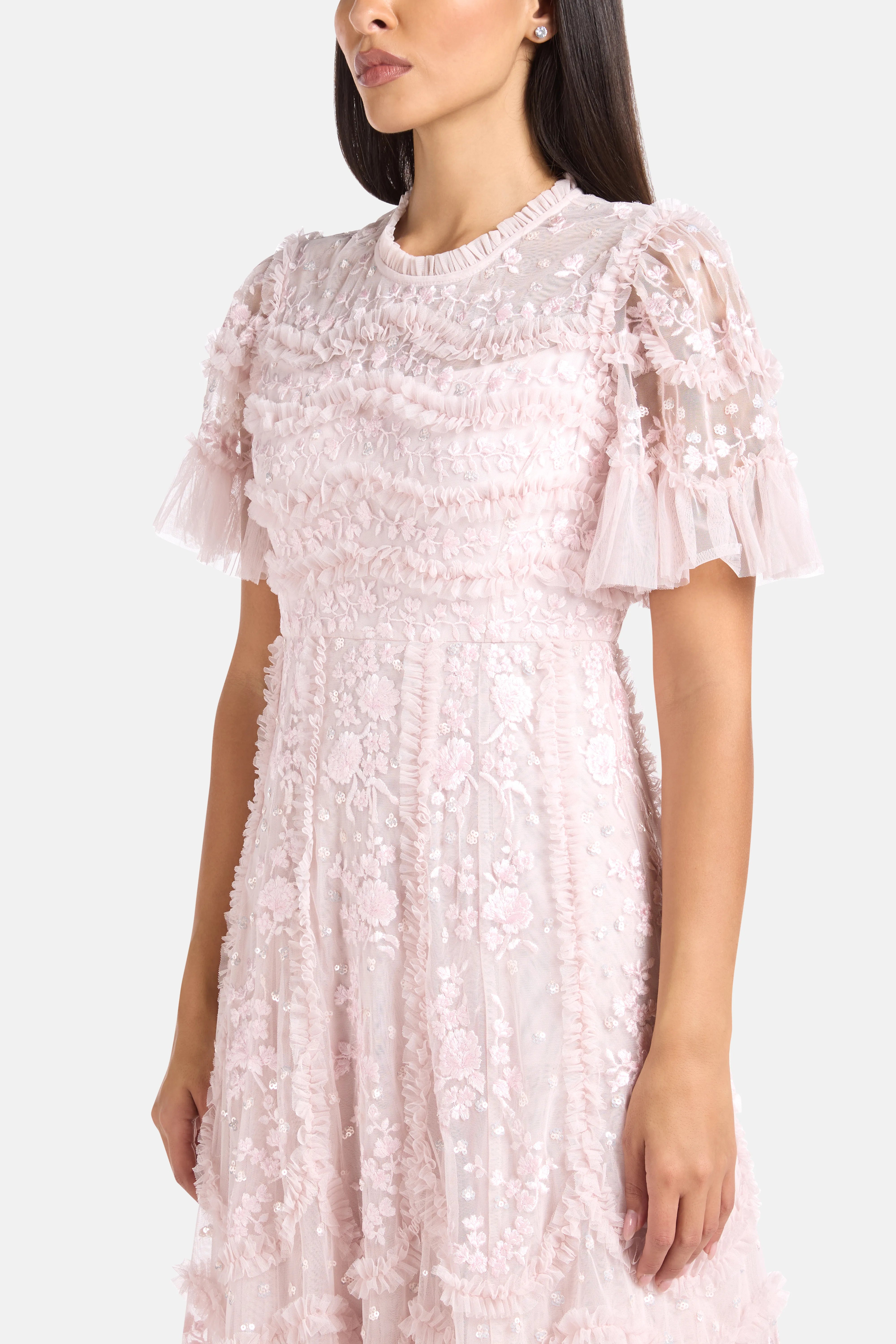 Gianna Ruffles Floral Sequins Evening Dress in Pink