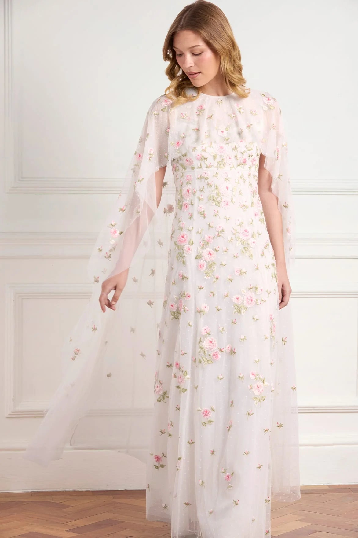 Rose Bloom Cape Floral Evening Dress in White