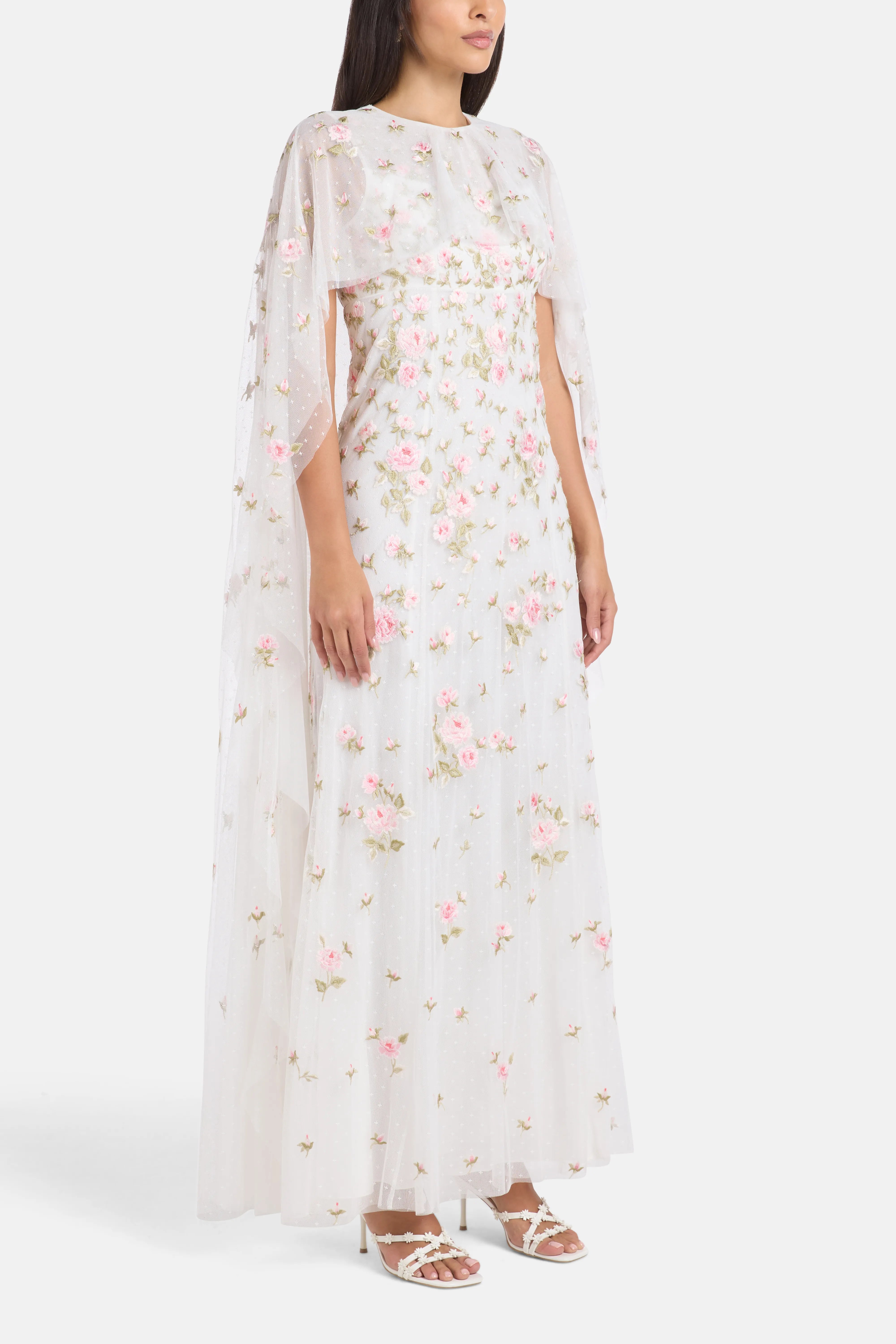 Rose Bloom Cape Floral Evening Dress in White