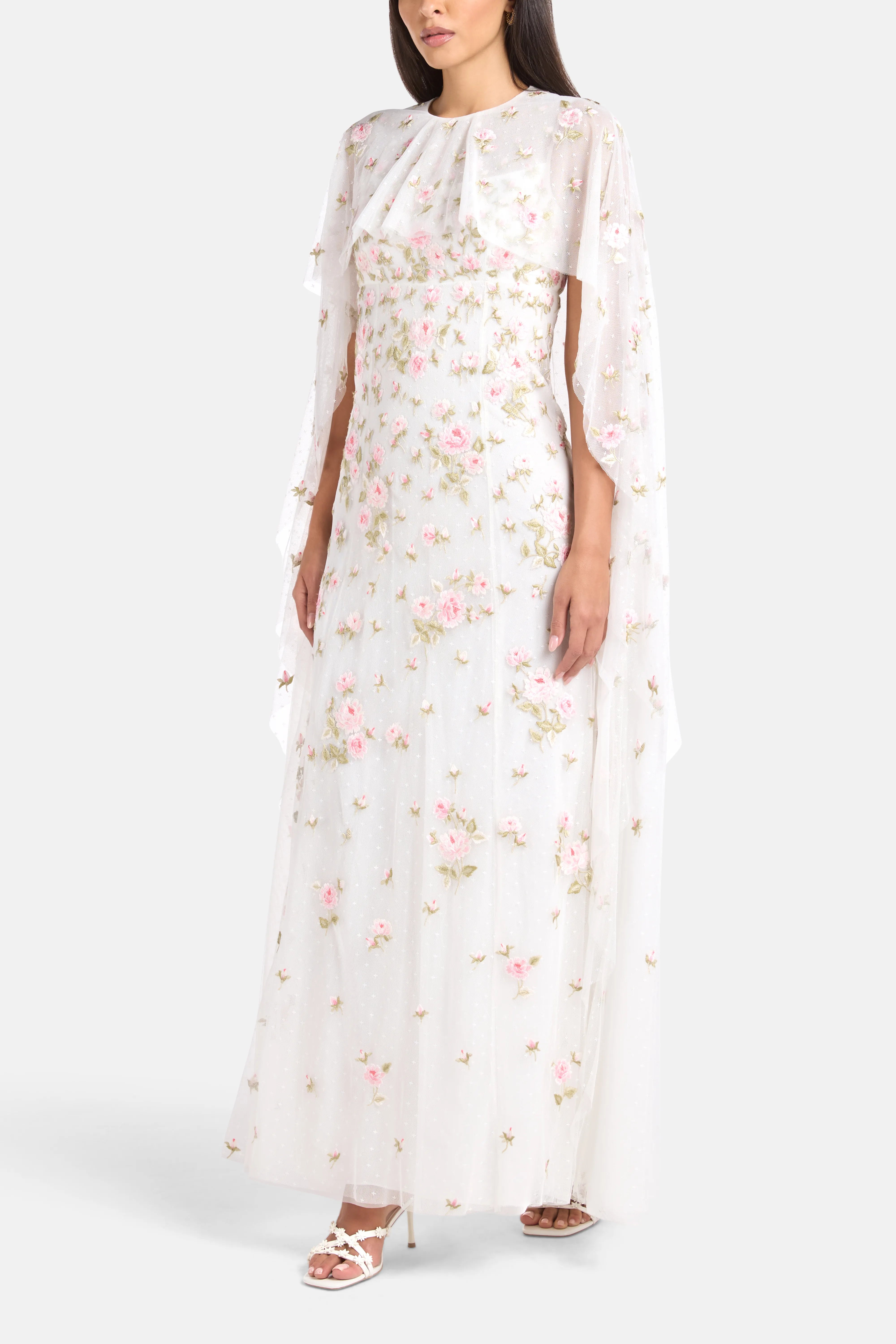 Rose Bloom Cape Floral Evening Dress in White