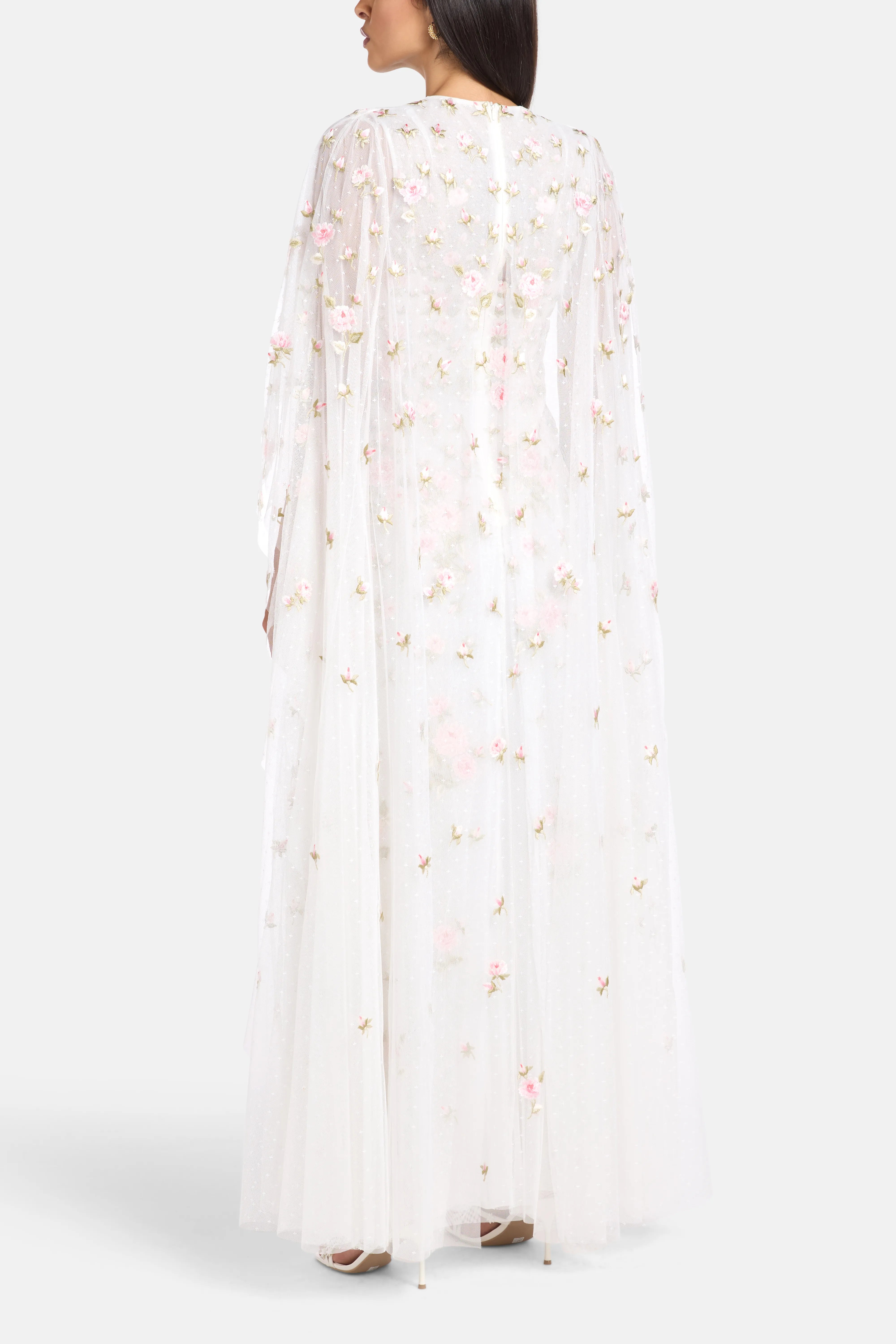 Rose Bloom Cape Floral Evening Dress in White