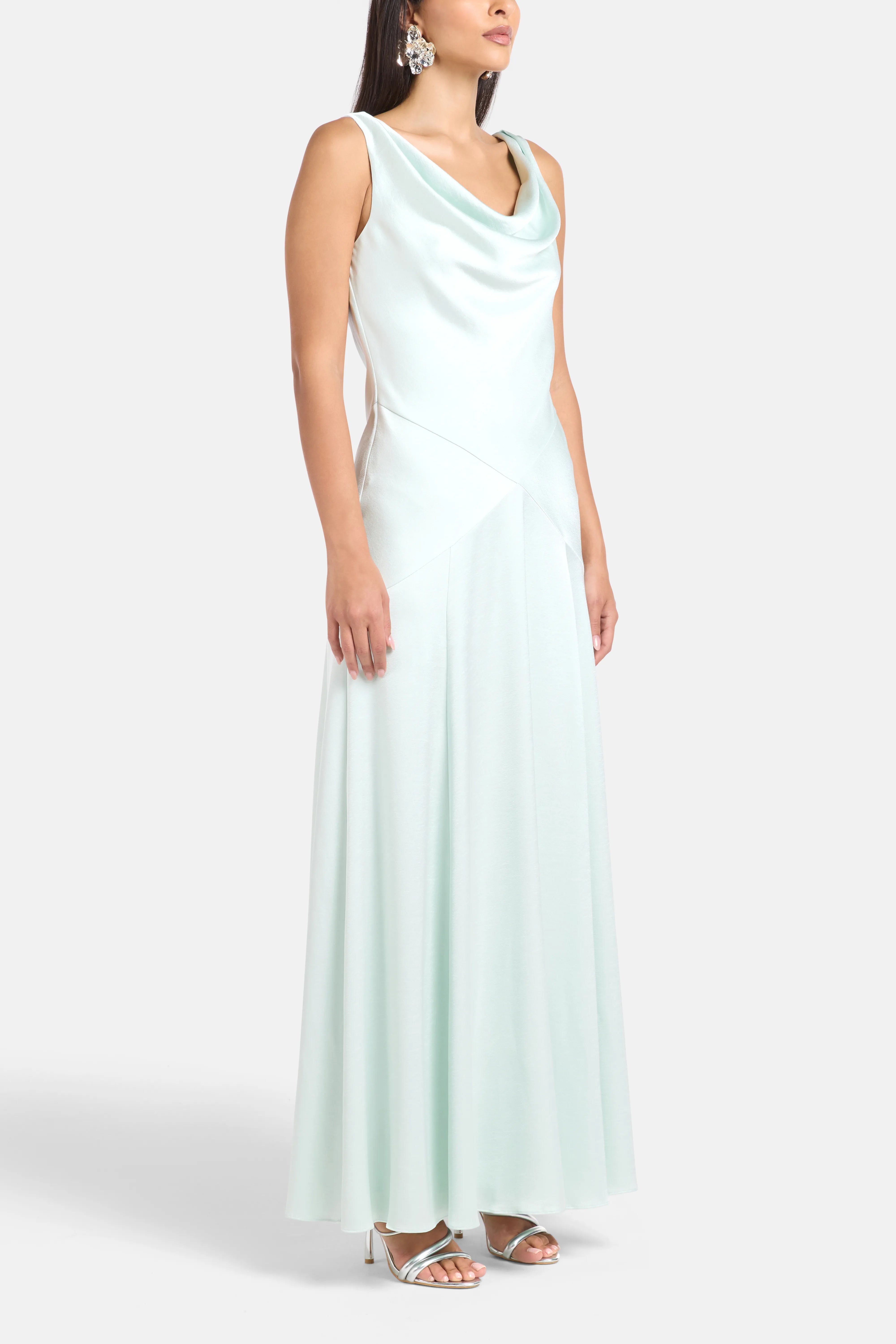 Evangeline Satin Cowl Neck Evening Dress in Green