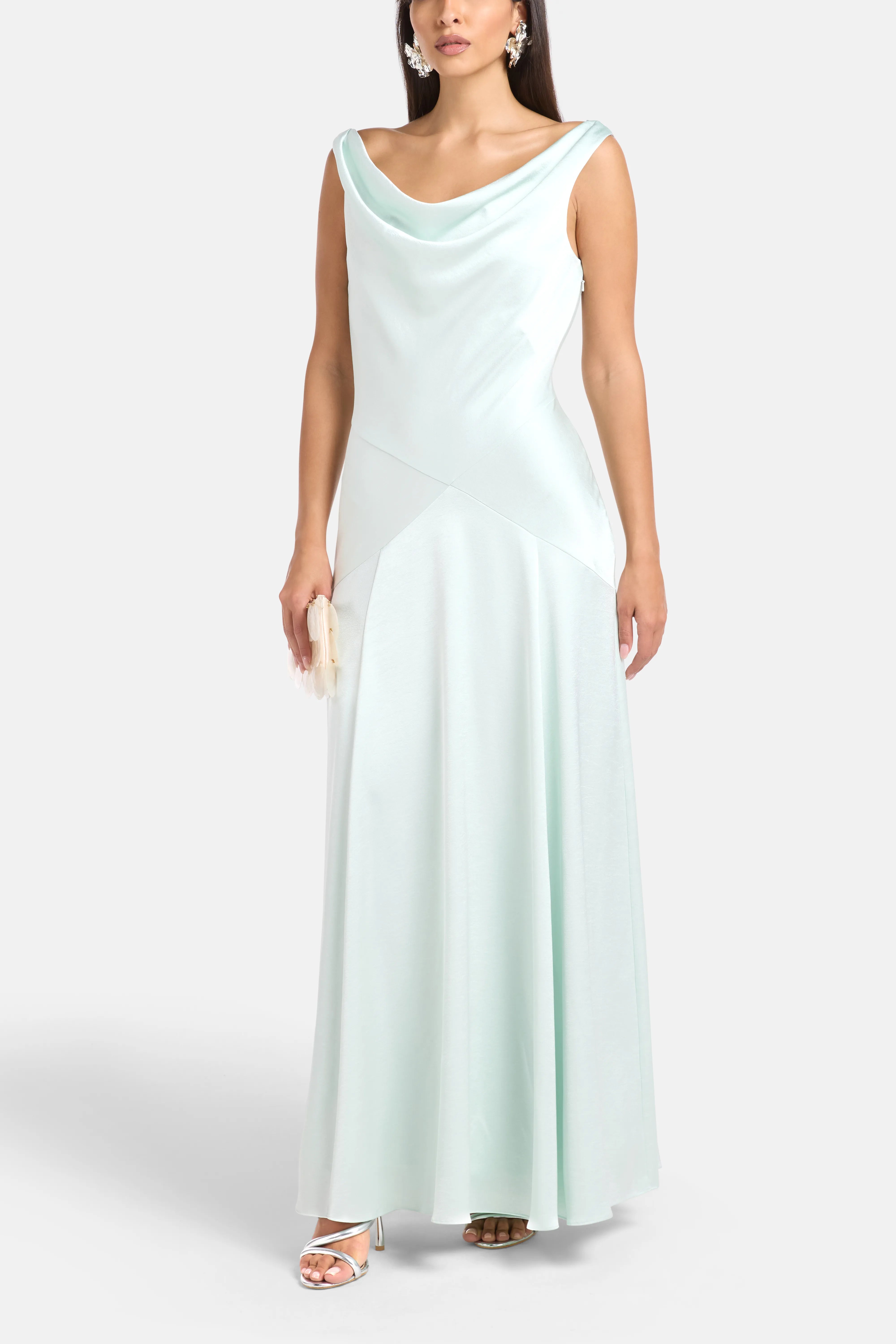 Evangeline Satin Cowl Neck Evening Dress in Green