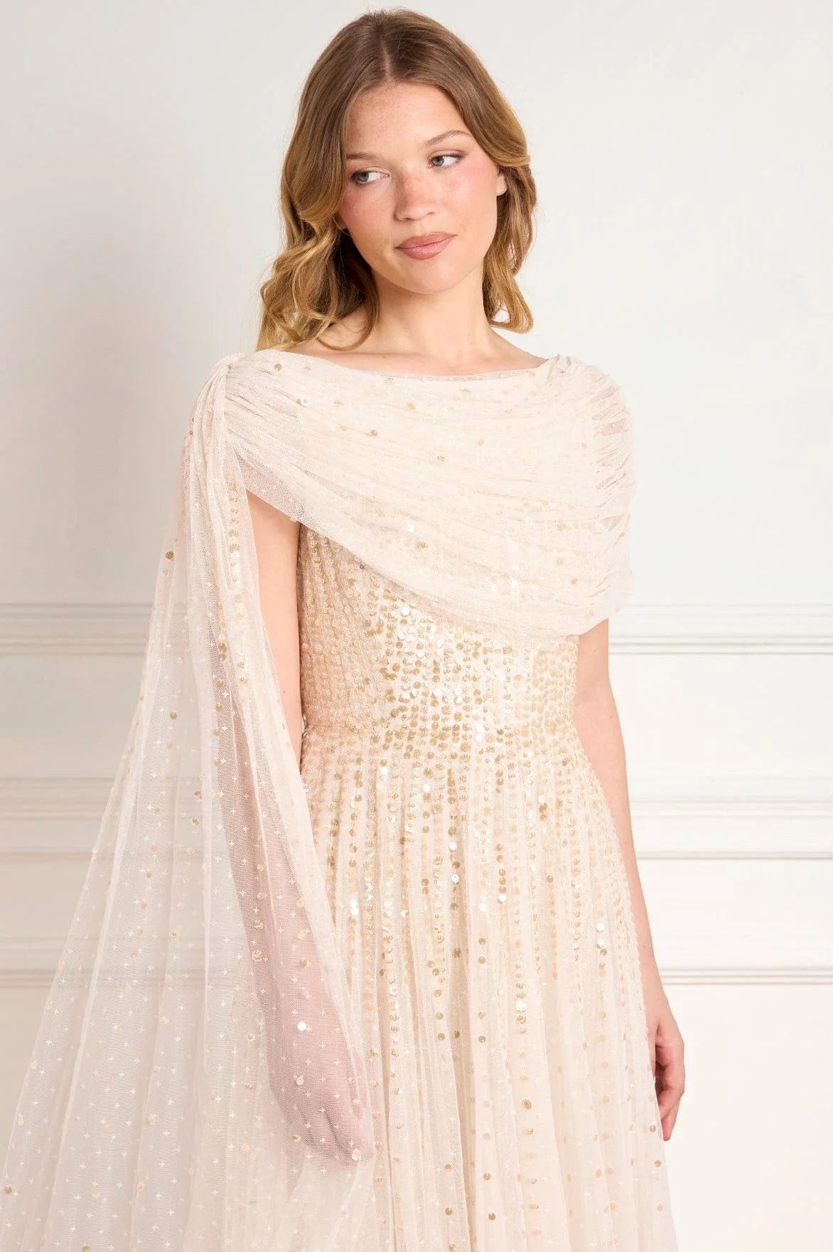 Moonlight Sequins Draped Evening Dress in Gold