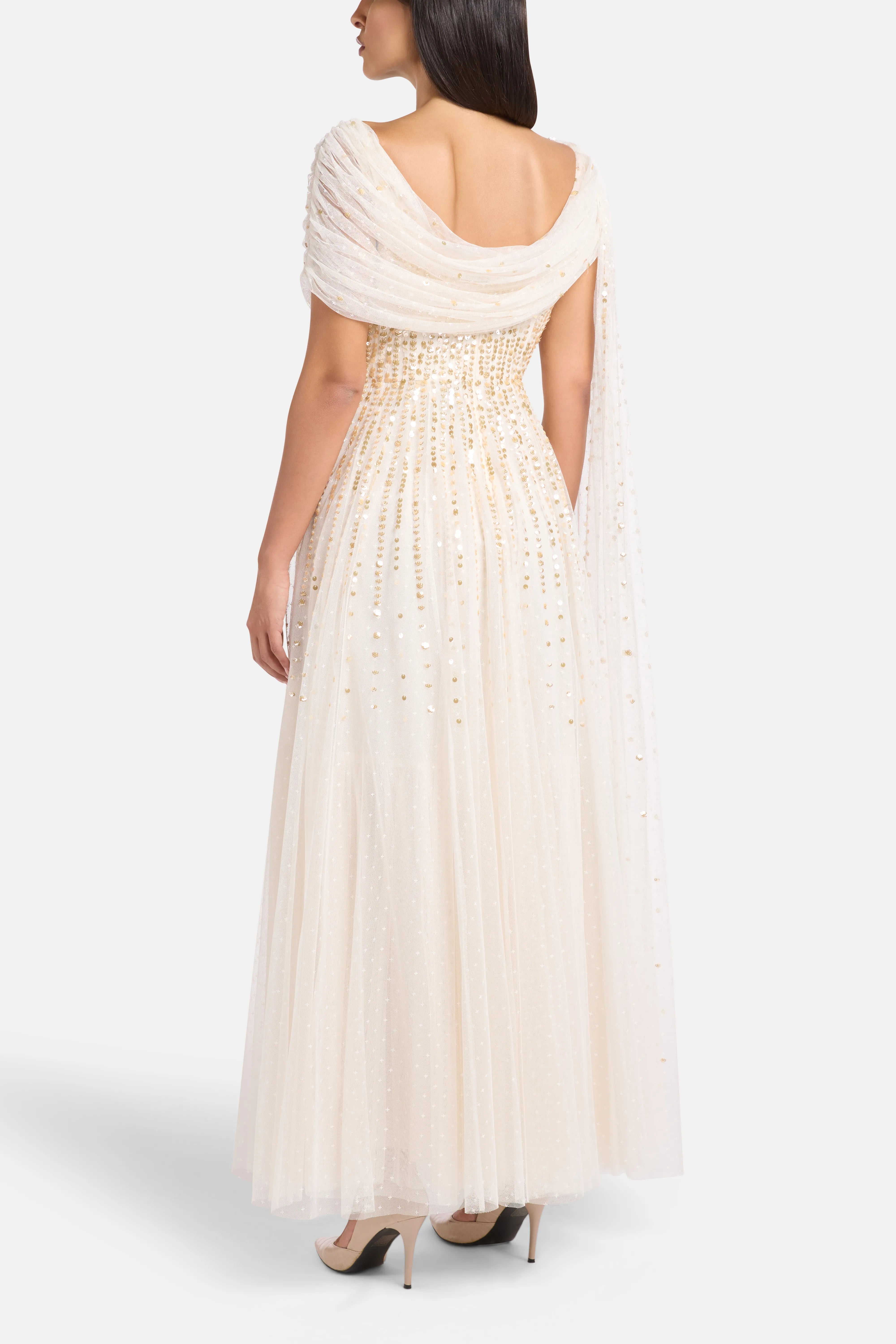 Moonlight Sequins Draped Evening Dress in Gold