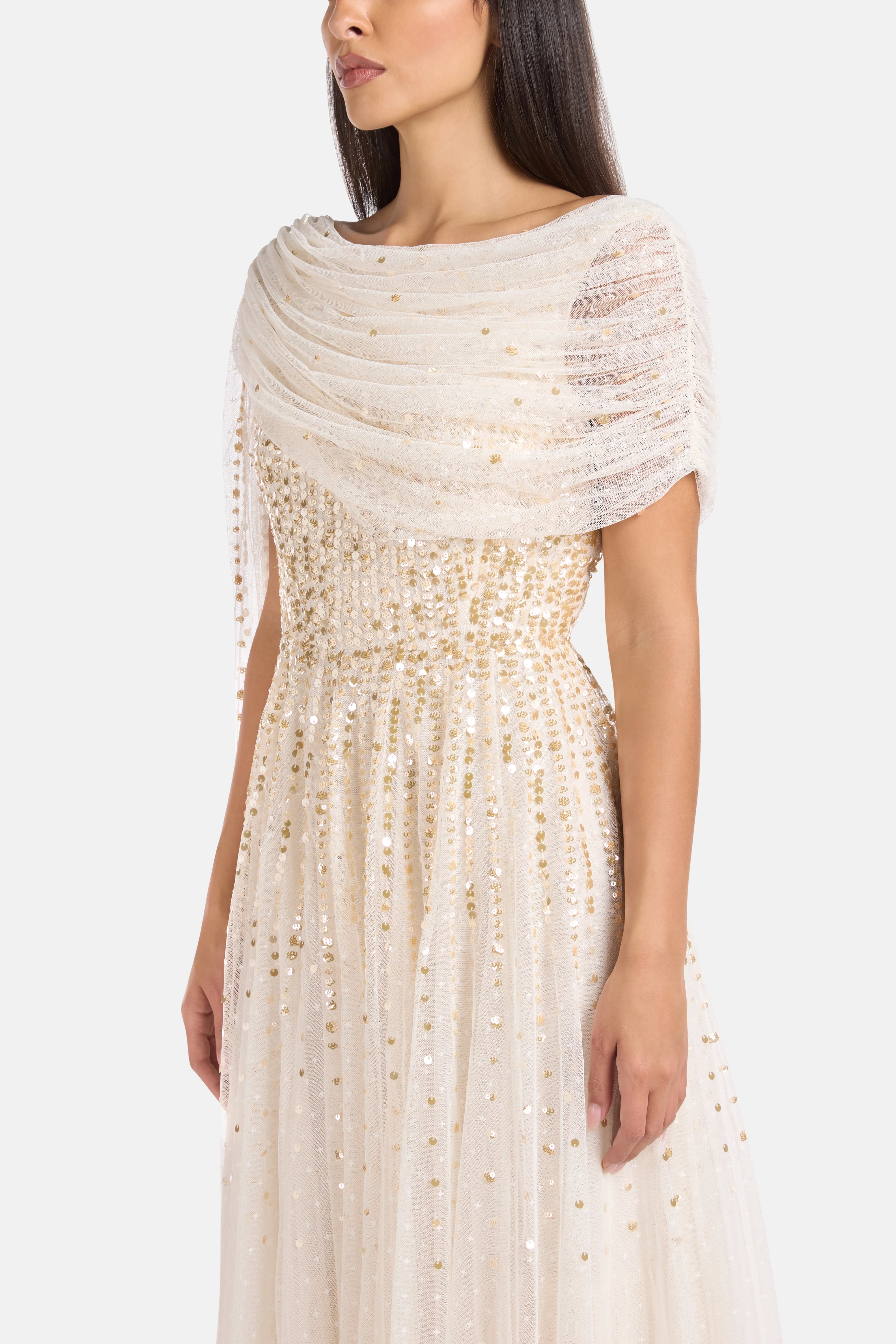 Moonlight Sequins Draped Evening Dress in Gold