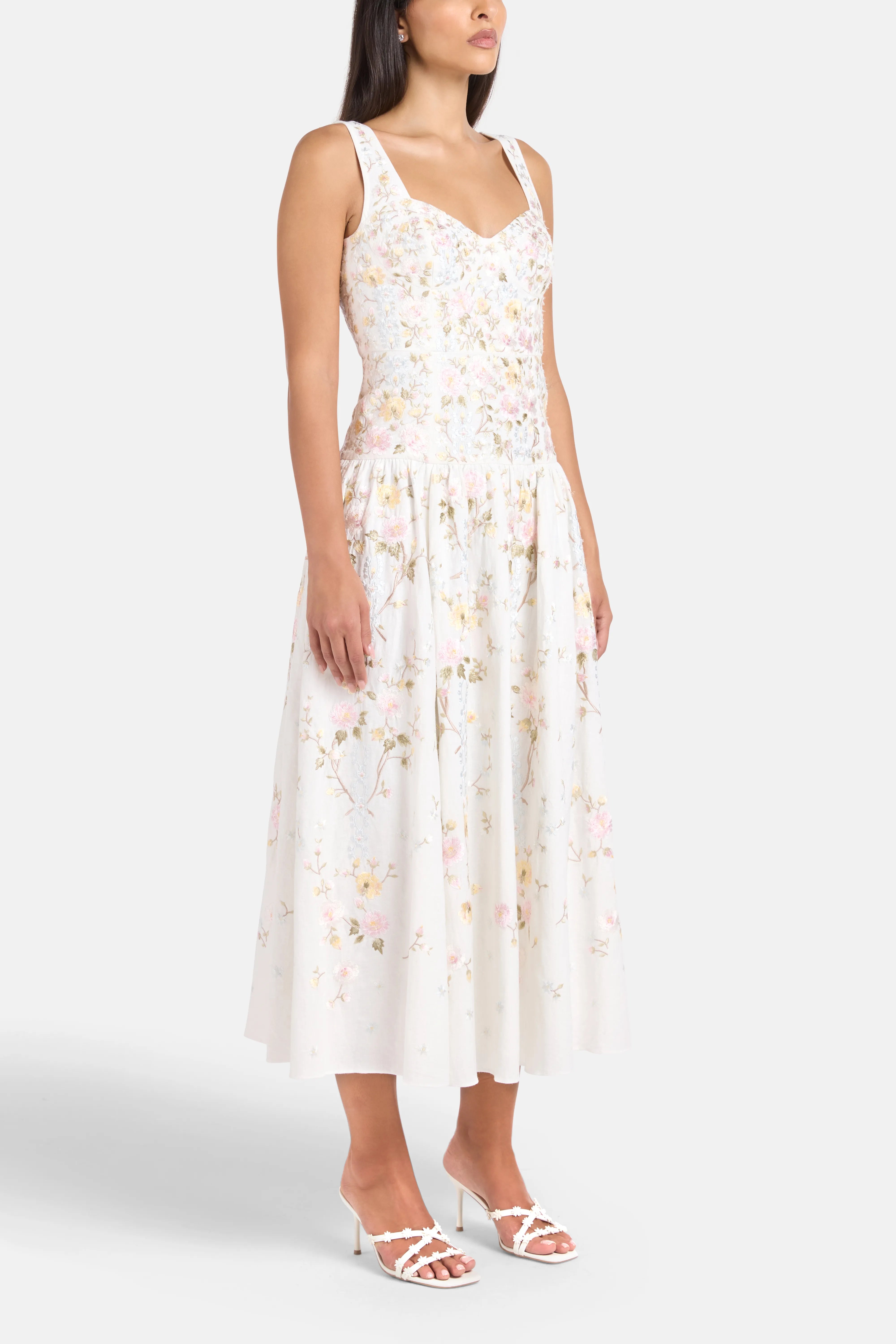 Garden Rose Linen Blend Sleeveless Floral Evening Dress in White