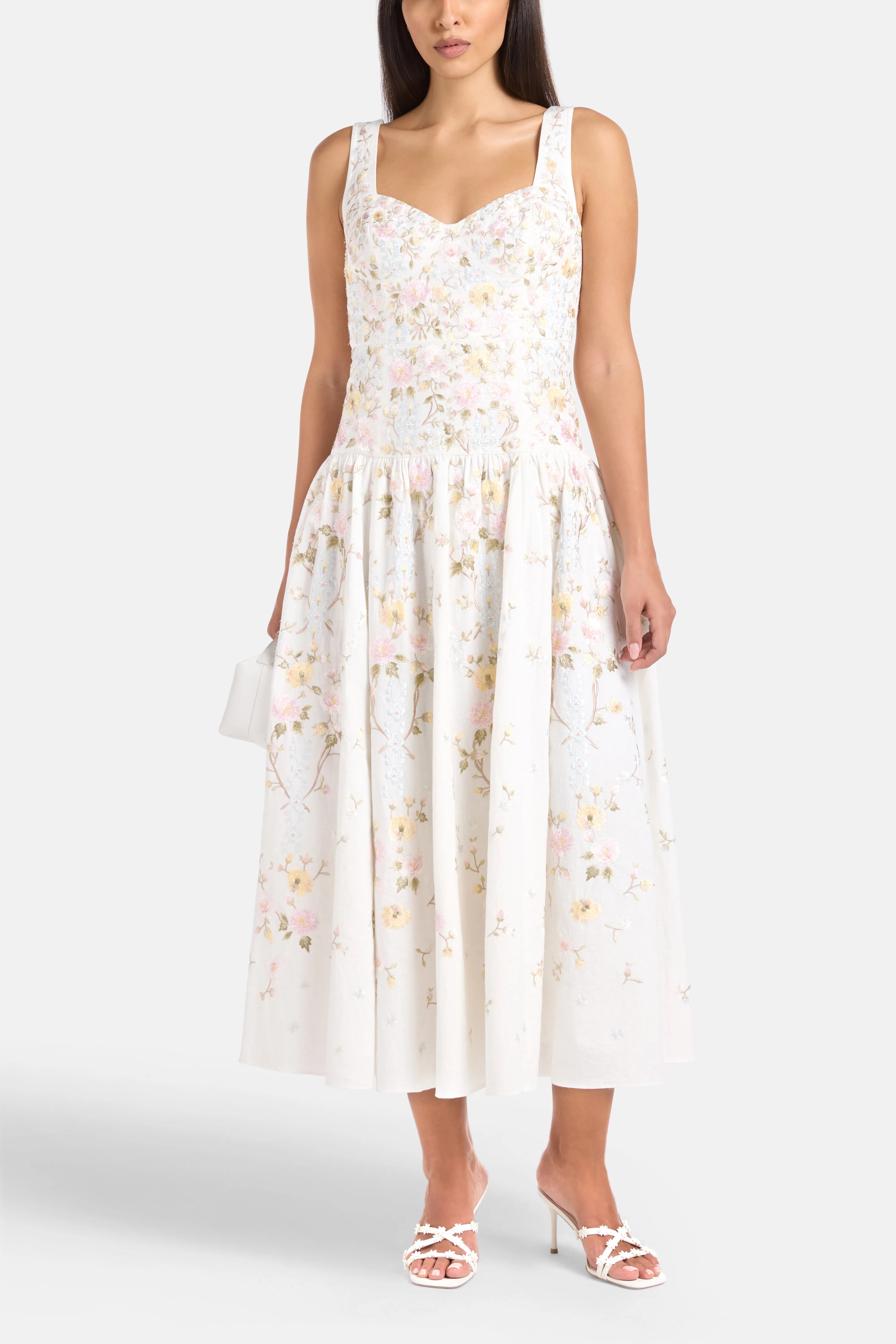 Garden Rose Linen Blend Sleeveless Floral Evening Dress in White