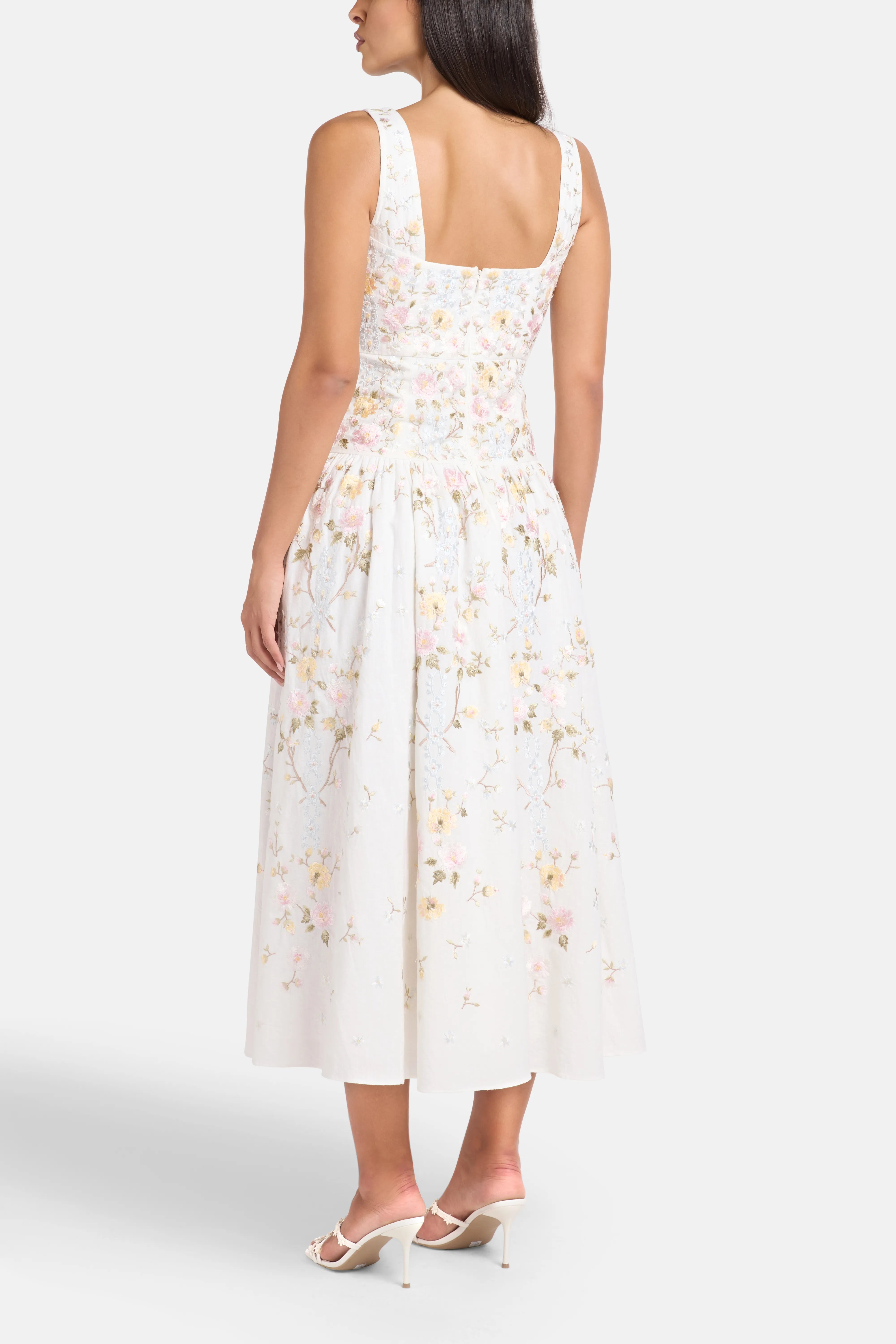 Garden Rose Linen Blend Sleeveless Floral Evening Dress in White