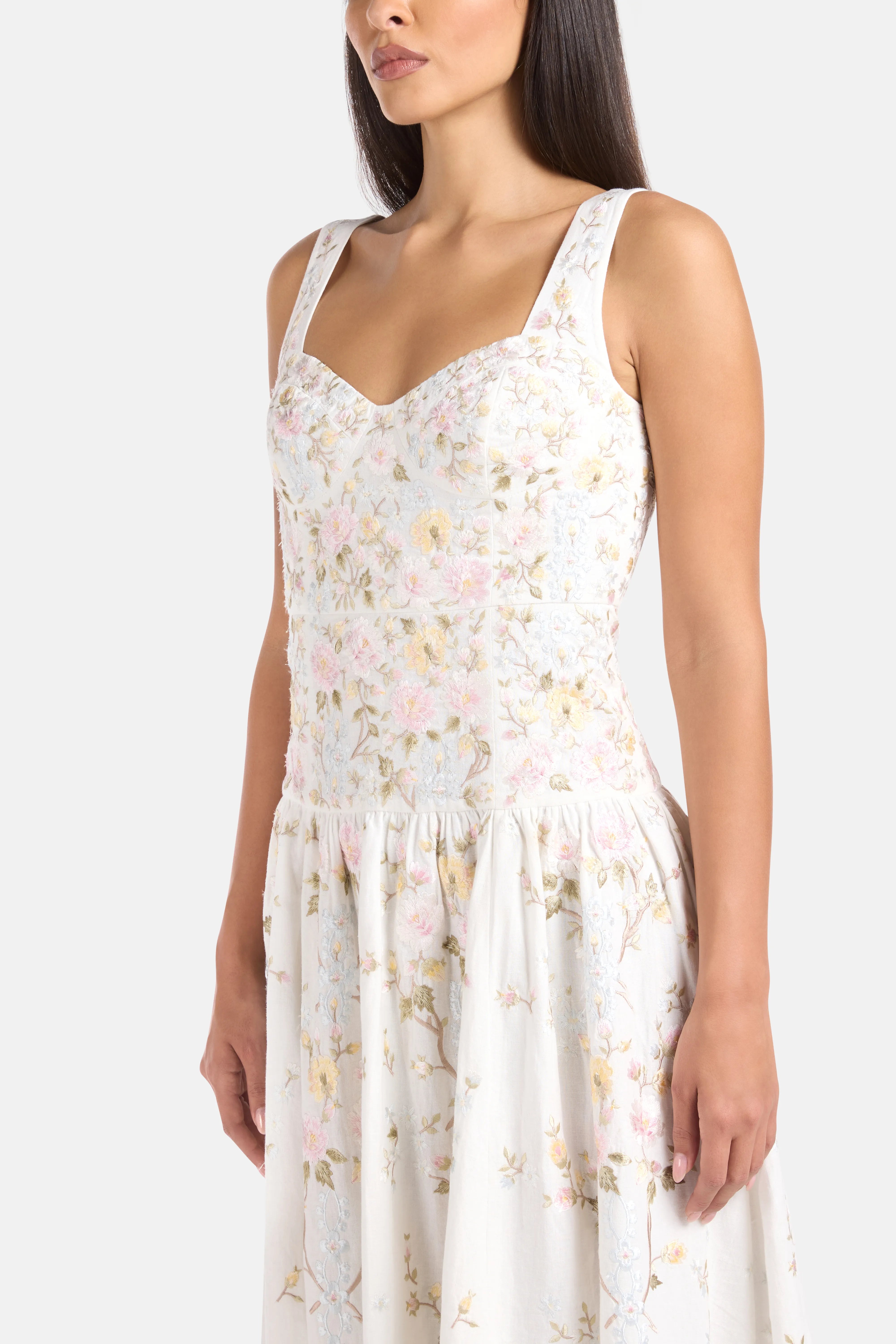 Garden Rose Linen Blend Sleeveless Floral Evening Dress in White