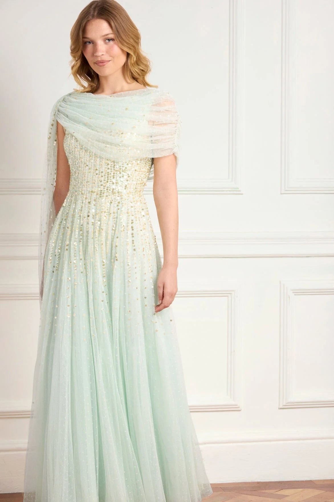 Moonlight Sequins Draped Evening Dress in Green