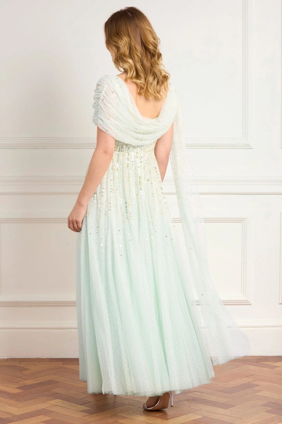 Moonlight Sequins Draped Evening Dress in Green