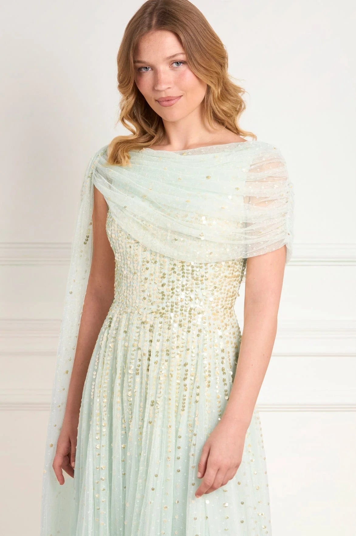 Moonlight Sequins Draped Evening Dress in Green