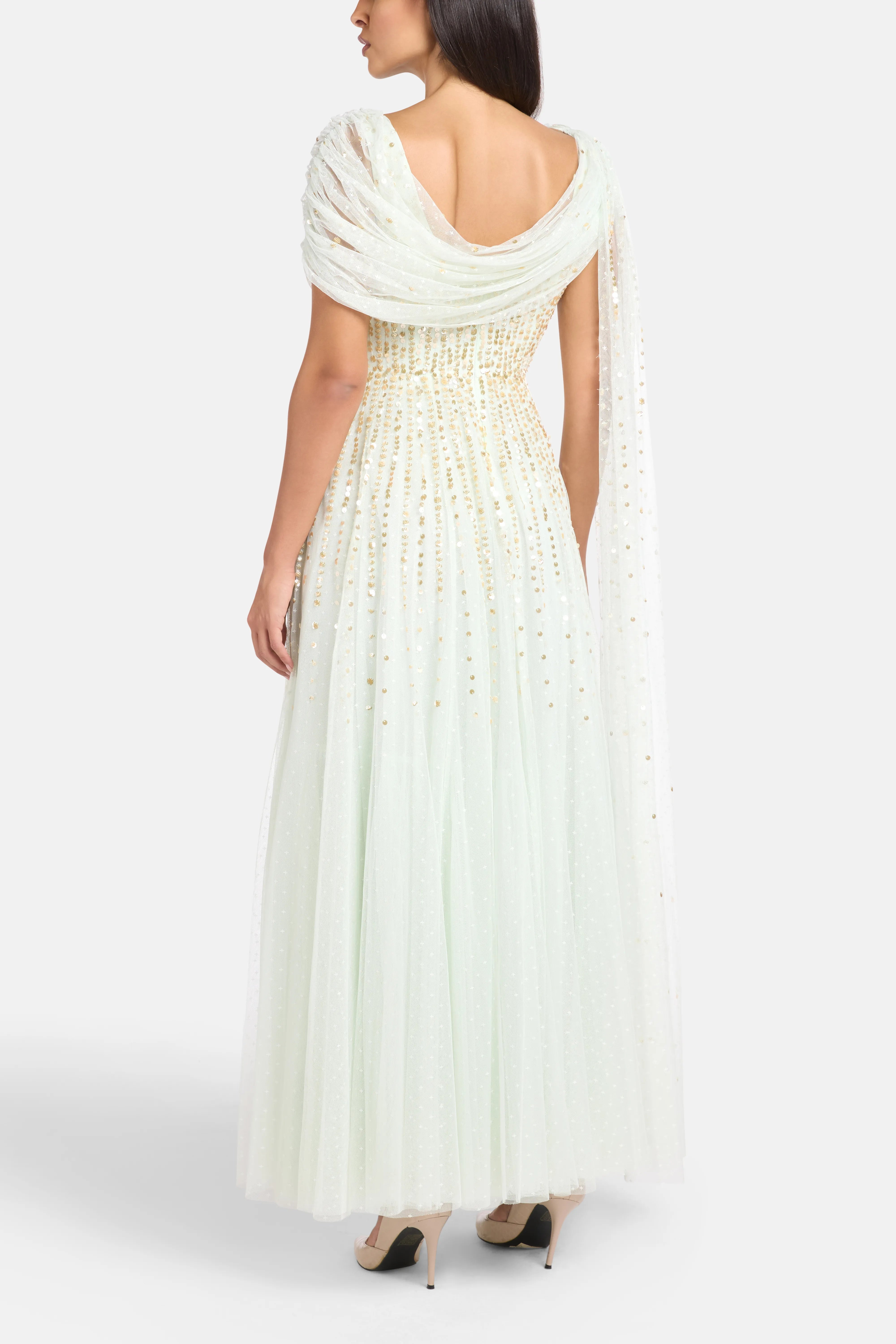 Moonlight Sequins Draped Evening Dress in Green