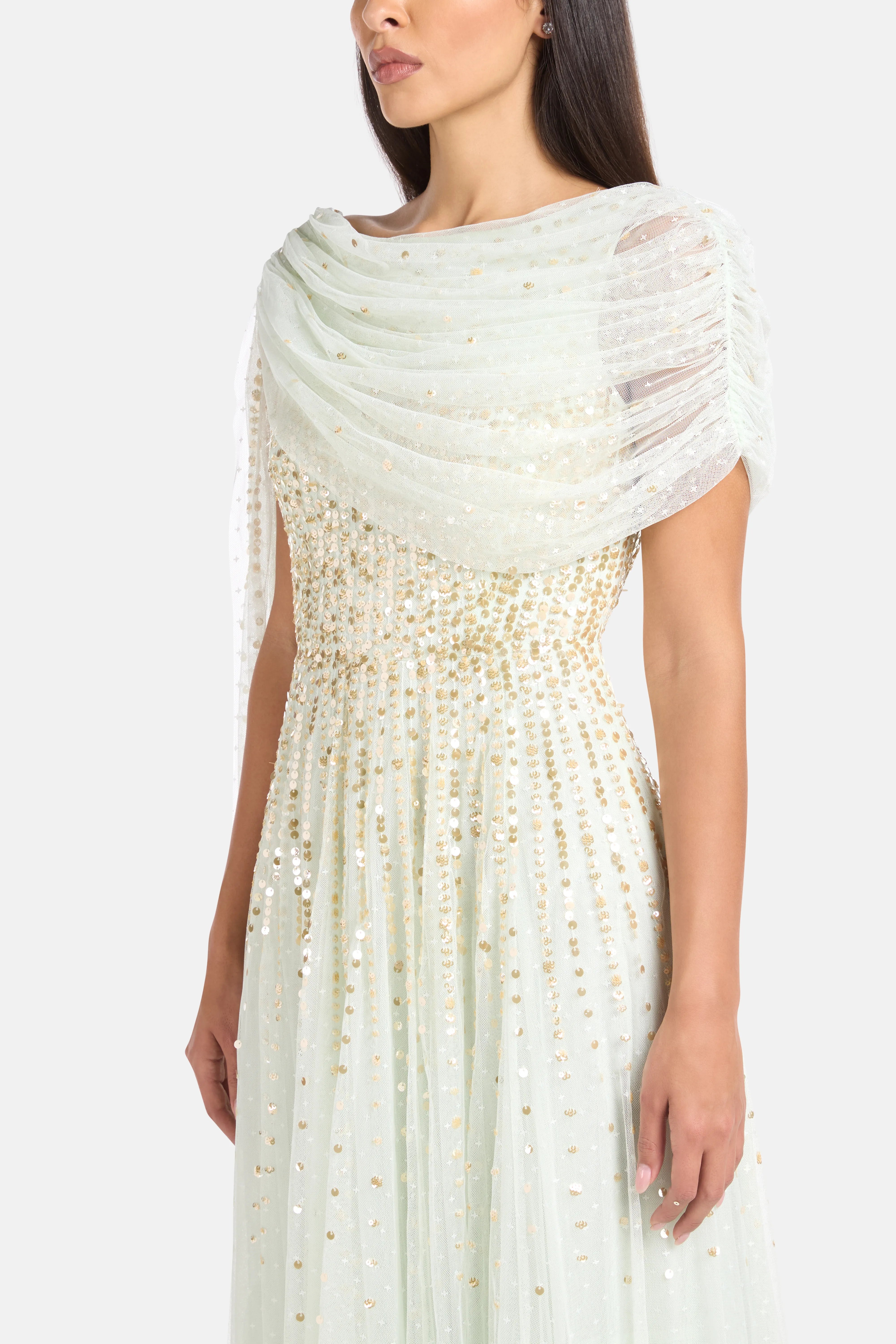 Moonlight Sequins Draped Evening Dress in Green