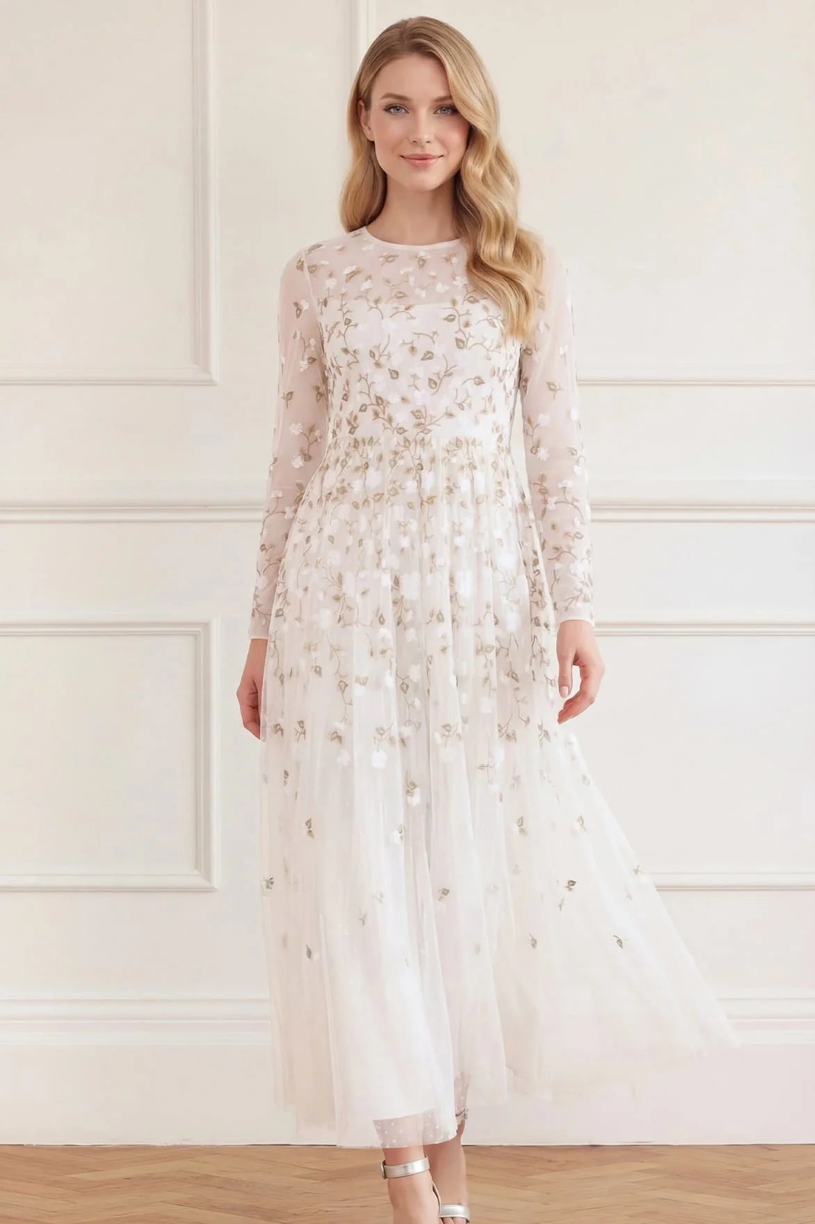 Trailing Roses Floral Evening Dress in White