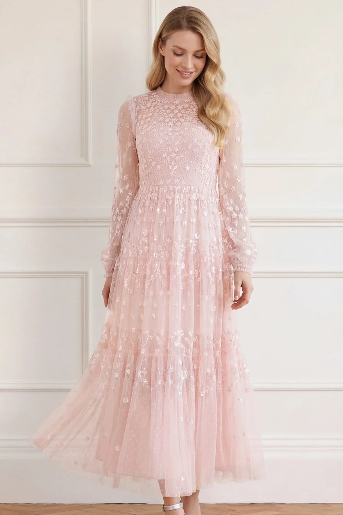 Clover Floral Sequins Evening Dress in Pink