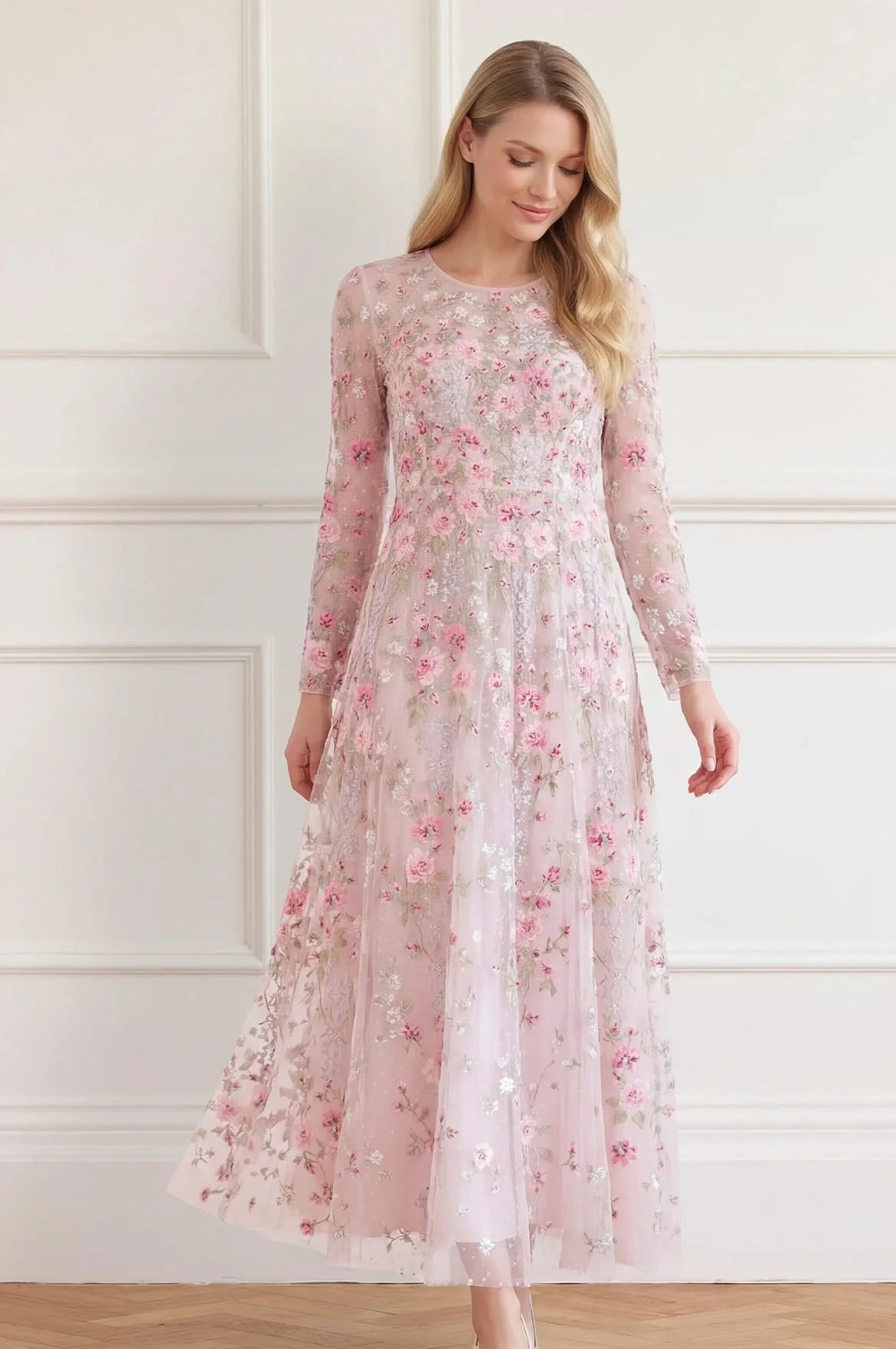 Garden Rose Floral Evening Dress in Pink