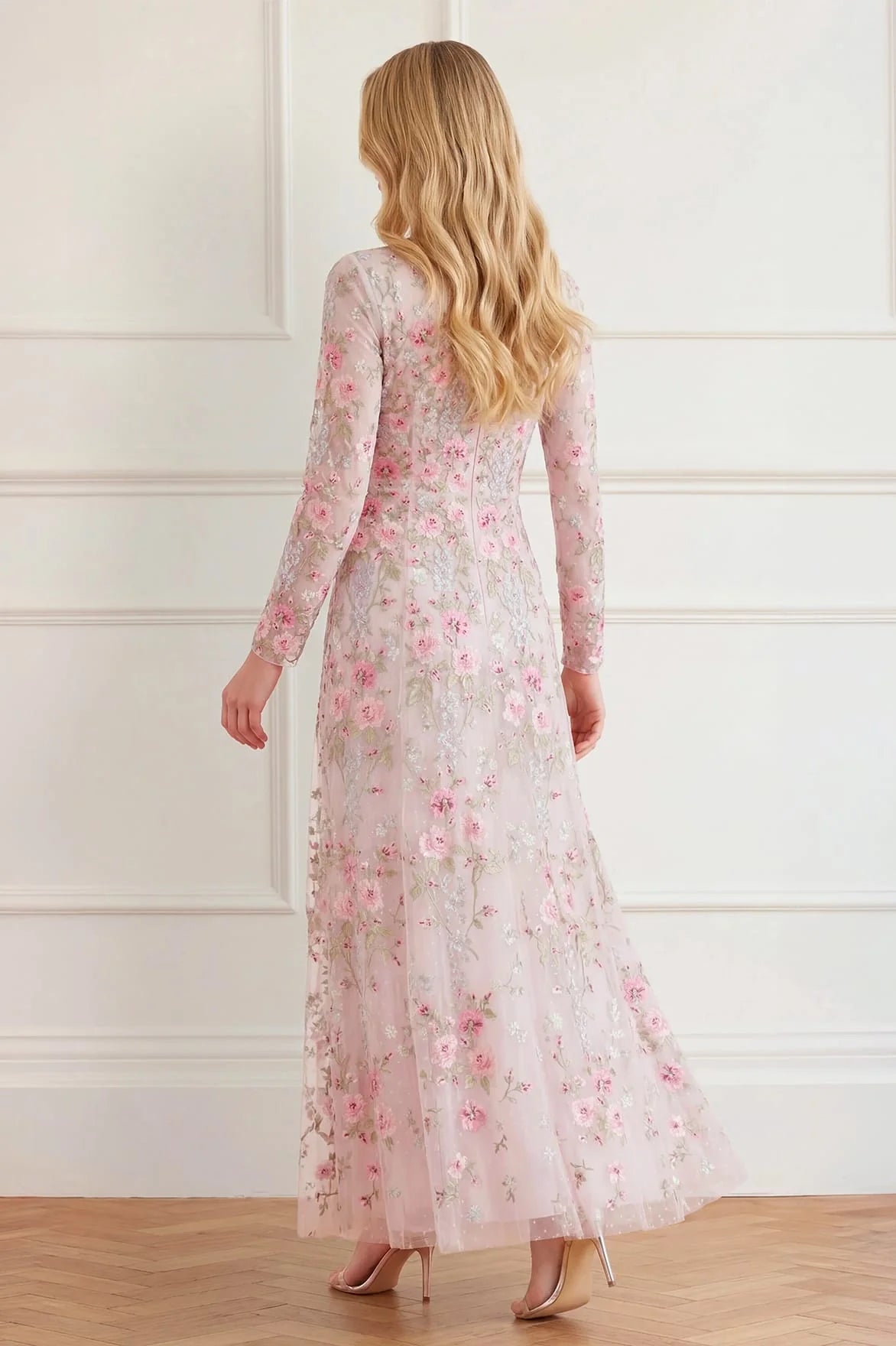 Garden Rose Floral Evening Dress in Pink